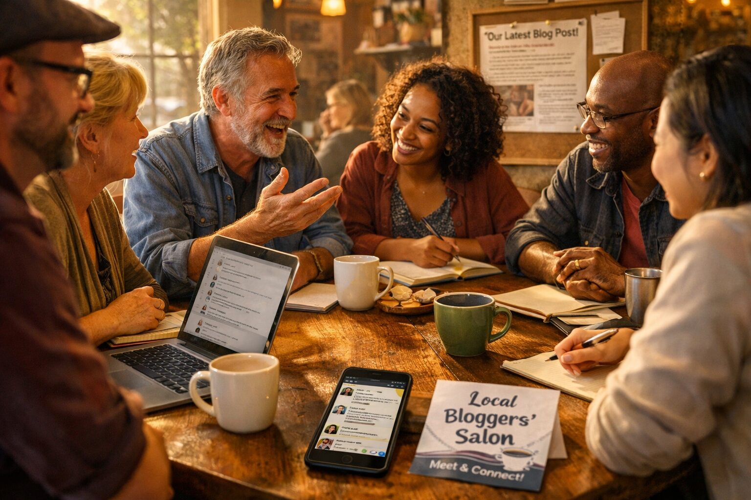 A warm, candid photograph of a small community gathering in a sunlit café: a diverse group of people clustered around a long wooden table, laptops and notebooks open, a printed blog post pinned to a noticeboard in the background. Someone gestures as they speak; others lean forward, smiling and taking notes. On the table are coffee cups, a smartphone showing a blog comment thread, and a folded flyer advertising a local ‘bloggers’ salon’. The light is golden, emphasising connection and the tangible bridge between online conversation and real-world camaraderie.