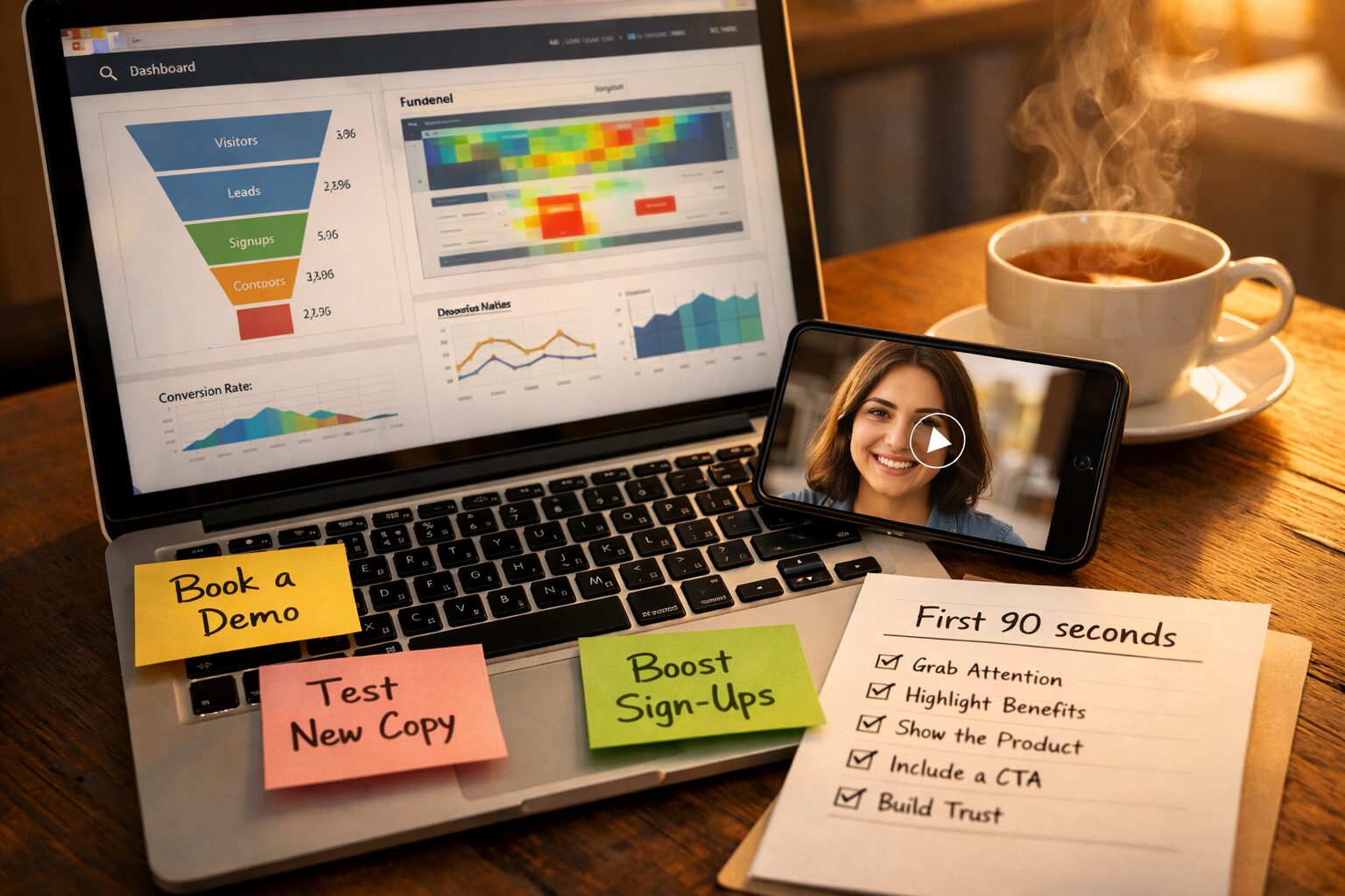 A close-up photograph of a modern workstation at golden hour: a laptop screen shows a dashboard of funnel metrics and heatmaps, sticky notes with three-word micro-CTAs surround the keyboard, a smartphone displays a short testimonial video paused at a smiling face, and a printed checklist titled 'First 90 seconds' rests beside a steaming cup of tea. The scene is warm, slightly candid, and visually conveys strategic, small-step optimisation in action.