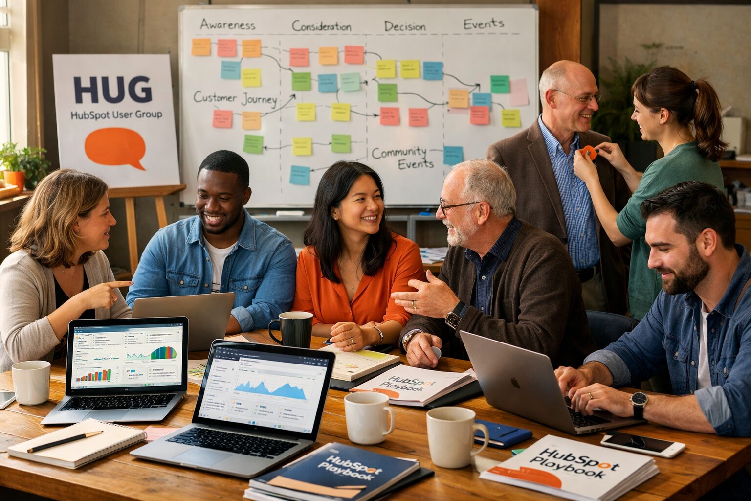 A high-resolution photograph of a sunlit co-working space where a diverse group of people gather around a long wooden table. Laptops with HubSpot dashboards glow among notebooks, coffee cups and printed playbooks. On a whiteboard in the background, coloured sticky notes map customer journeys and community events. Nearby, a small poster reads 'HUG: HubSpot User Group' and a volunteer pins a badge to a participant's lapel. The atmosphere is collaborative and purposeful—capturing both the intimacy of a local meetup and the operational discipline of a platform-led community.