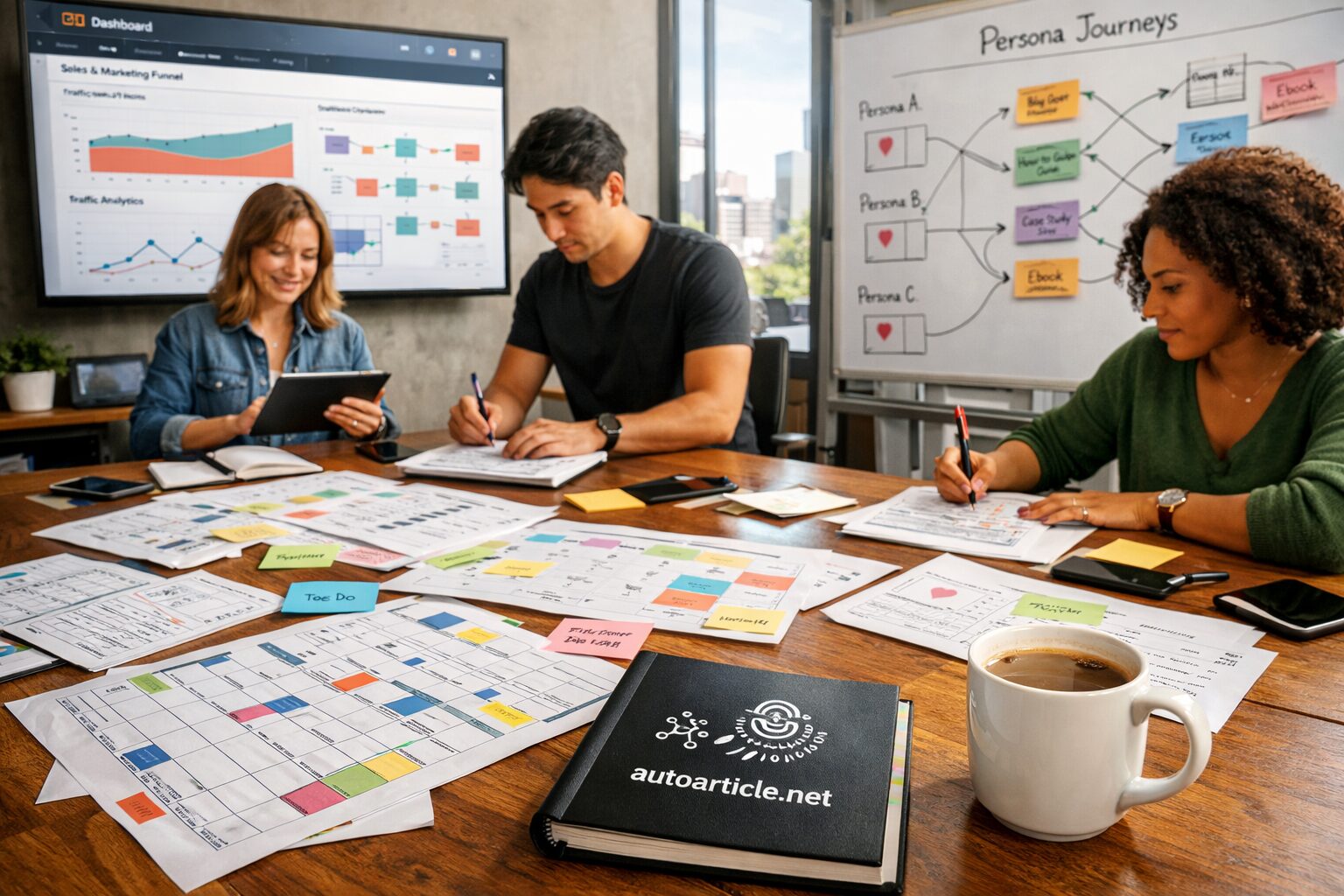 A high-resolution photograph of a modern content war room: a long wooden table strewn with printed editorial calendars, wireframe sketches and colour-coded sticky notes. On one wall, a large monitor displays a HubSpot dashboard with analytics graphs and workflow diagrams; on another, a whiteboard maps persona journeys with arrows leading to blog post tiles. Natural light pours through floor-to-ceiling windows, illuminating a team of diverse content professionals — an editor holding a tablet, a developer sketching a module, and a marketer annotating SEO entities. A cup of coffee and a notebook with the autoarticle.net logo sit in the foreground, suggesting the blend of human craft and AI-assisted tooling.