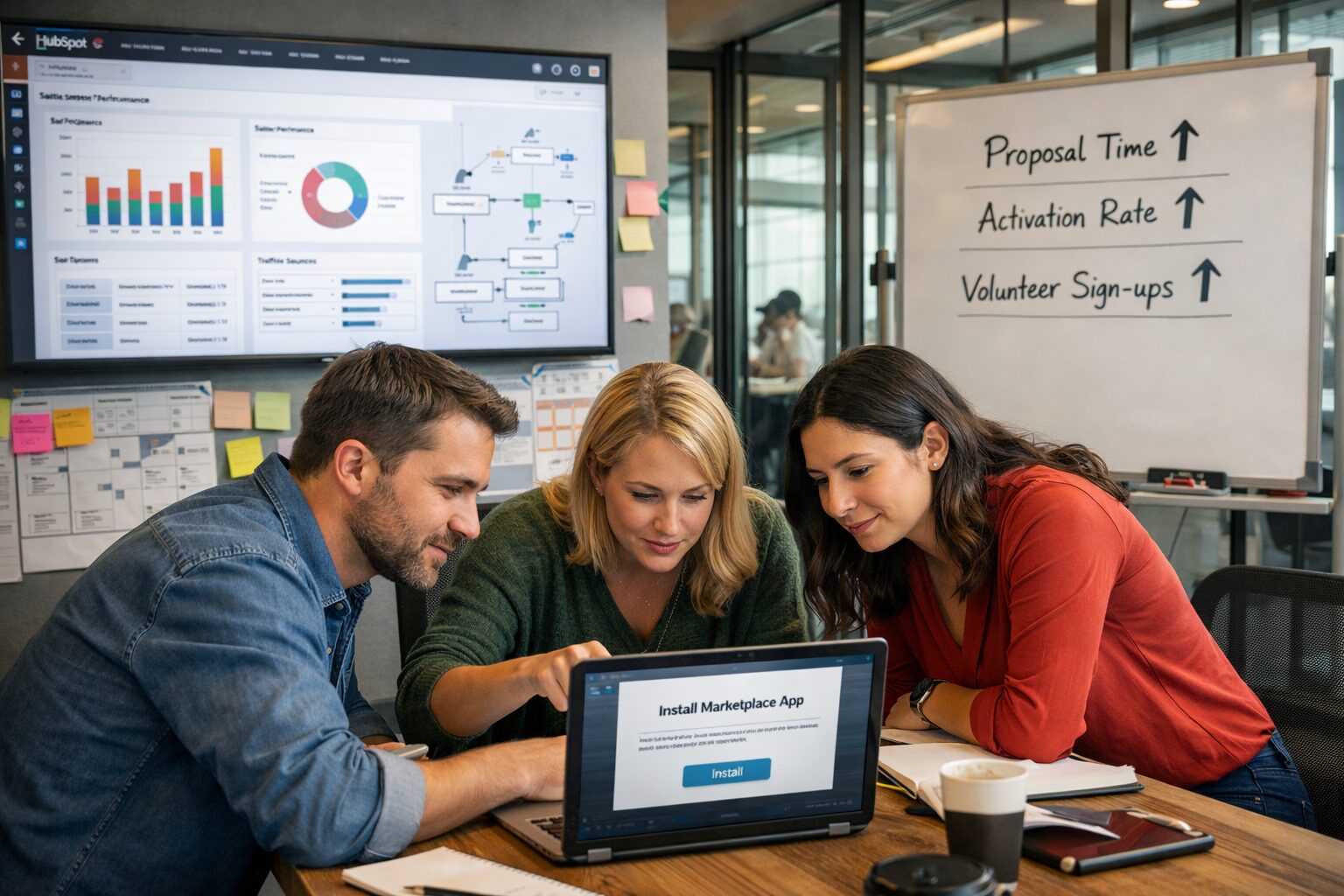 A dynamic photograph of a modern office war room: a large screen displays a HubSpot dashboard with charts and workflows, sticky notes and printed templates pinned to a wall beside user journey maps. In the foreground, a small team — a product manager, a customer success lead and a marketing specialist — huddle over a laptop showing a Marketplace app installation screen. Natural daylight streams through glass-walled meeting rooms, and a whiteboard to the right lists metrics: 'Proposal Time', 'Activation Rate', and 'Volunteer Sign-ups' with arrows indicating improvement.