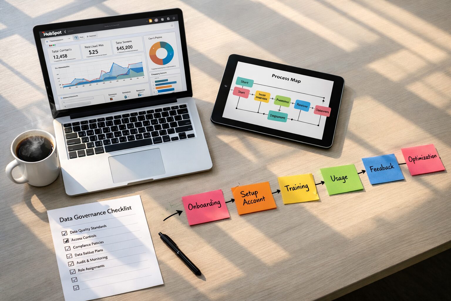 A crisp overhead photograph of a modern meeting table in a bright office. On the table: a laptop displaying a HubSpot dashboard, a tablet showing a process map, a printed data governance checklist, a mug of coffee with steam rising, and sticky notes in vibrant colours arranged in a user journey. Sunlight streams through a window, casting soft shadows and highlighting the collaborative atmosphere of a team turning a newly acquired app into operational value.