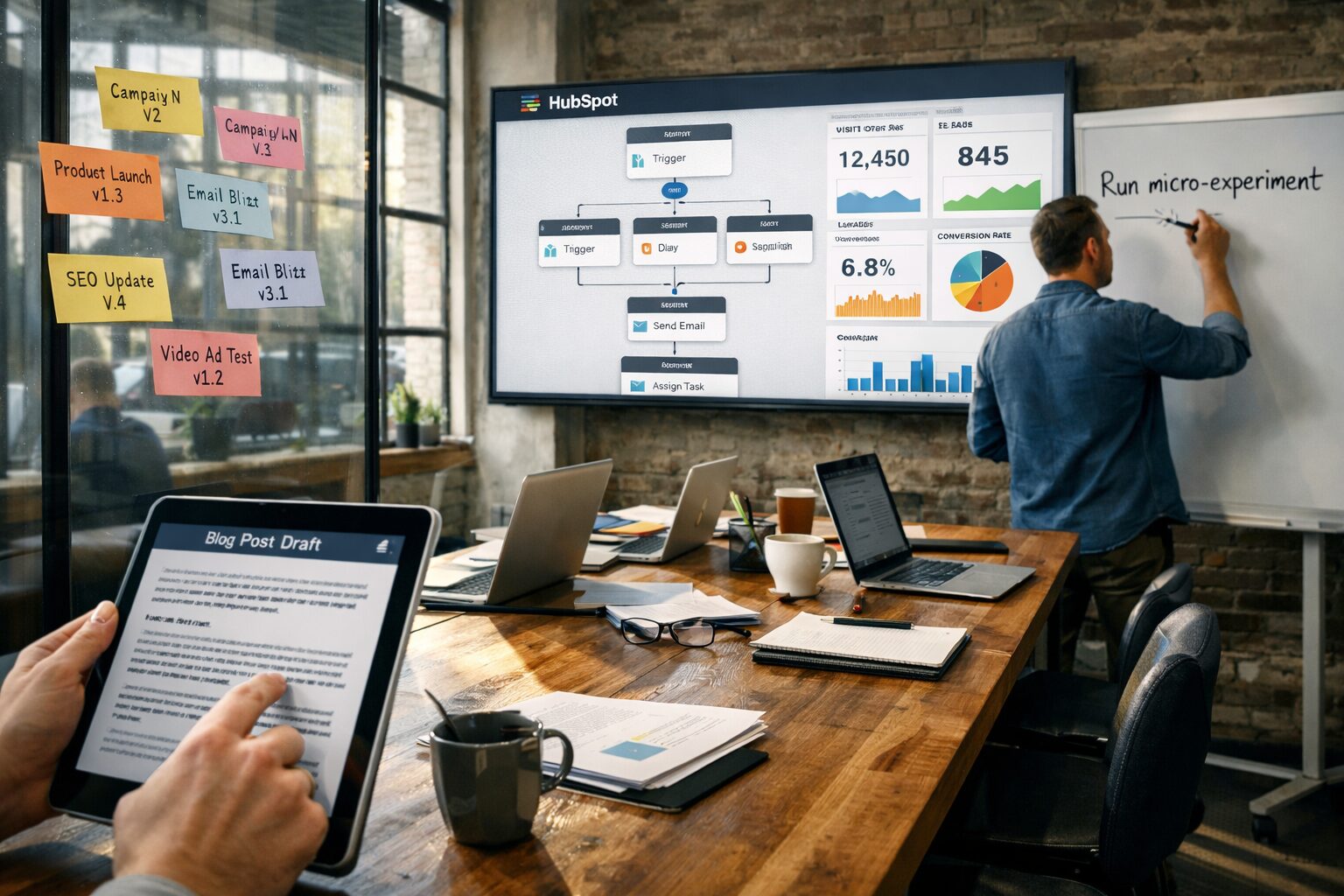 A crisp, high‑contrast photograph of a modern marketing war‑room: a long wooden table with laptops open, a central large screen showing a HubSpot workflow visual and live analytics dashboards. Sticky notes and index cards with campaign names and version numbers are pinned to a glass wall. In the foreground, a marketer taps a tablet displaying a draft blog post, while another writes ‘Run micro‑experiment’ on a whiteboard. Natural light streams through industrial windows, giving the scene a focused, productive atmosphere.