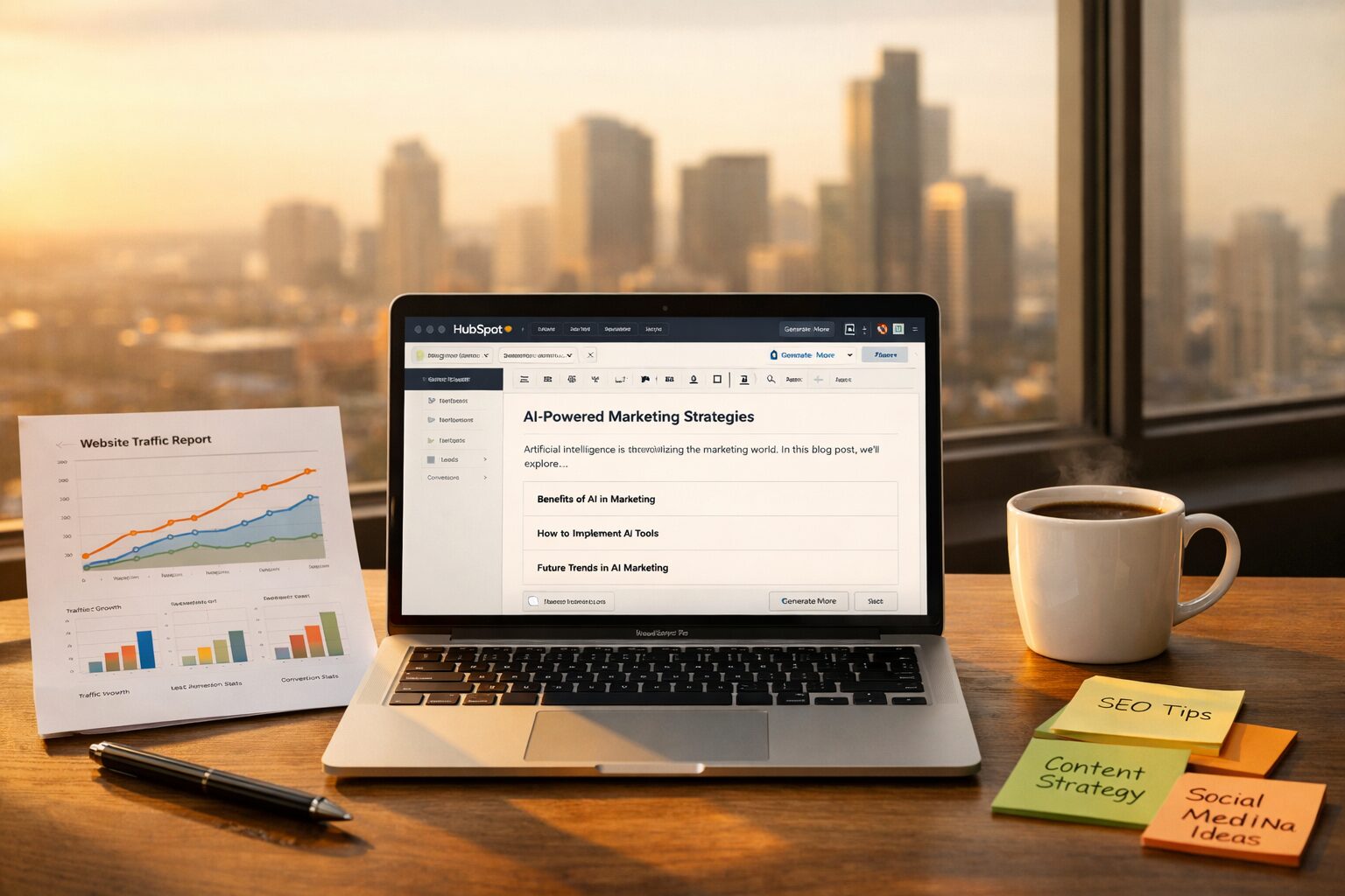A high-resolution photograph of a modern office desk at golden hour: a laptop displaying the HubSpot blogging editor with an AI draft open, a printed analytics dashboard with rising traffic curves, a cup of coffee and sticky notes listing topic clusters. Through a window, a city skyline in soft focus hints at scale and growth. The scene conveys efficient, tech-enabled content production and a sense of compounding momentum.