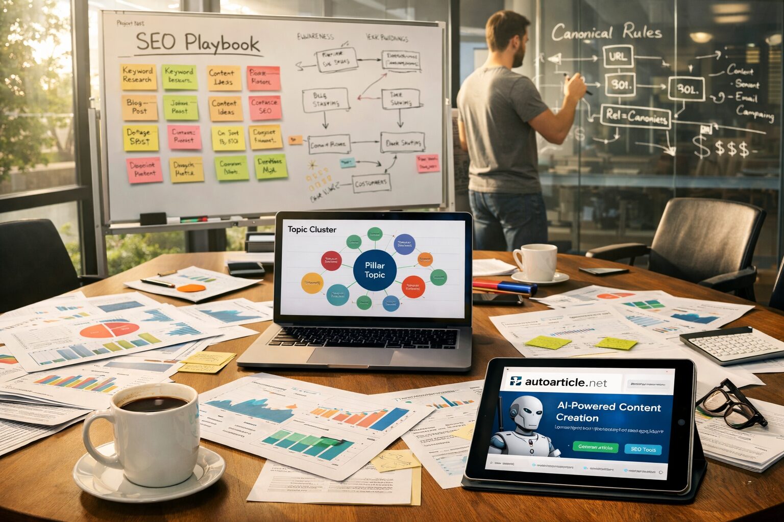 A wide-angle photograph of a modern marketing war room at mid-morning: a central table strewn with printed HubSpot dashboards, sticky notes arranged into an SEO playbook, and a laptop showing a topic cluster map. Sunlight filters through glass walls onto a whiteboard covered in experiments and arrows linking content to sales pipeline stages. In the foreground, a cup of coffee and a tablet displaying the autoarticle.net homepage hint at AI-assisted drafting; in the background, a developer sketches canonical rules on a transparent glass panel.