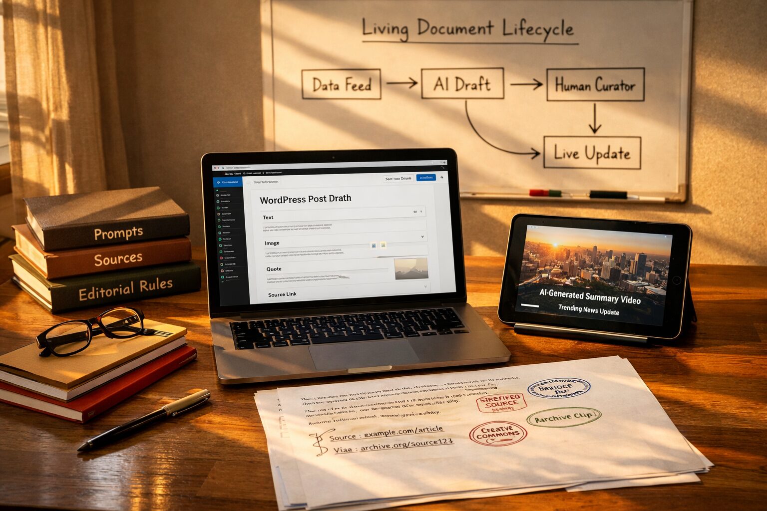A high-resolution photograph of a modern editorial workspace at golden hour: a laptop open on a WordPress post draft showing modular content blocks, a tablet playing a short auto-generated video, and a printed sheet annotated with provenance stamps and source links. Sunlight casts warm shadows across stacked notebooks labelled 'Prompts', 'Sources' and 'Editorial Rules'. In the background a whiteboard shows a flowchart titled 'Living Document Lifecycle' with arrows connecting 'Data Feed' to 'AI Draft' to 'Human Curator' to 'Live Update'. The scene conveys calm control over an otherwise complex, automated publishing process.