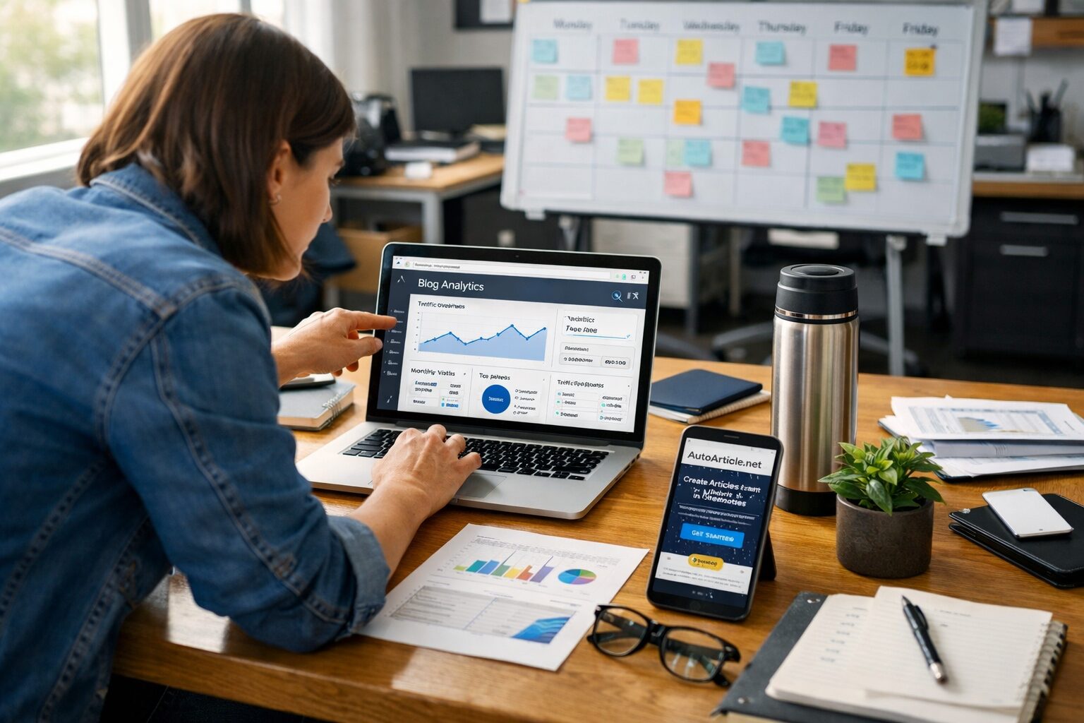 A crisp, high-resolution photograph of a modern office scene: a long oak table strewn with devices and printouts, two people leaning over a laptop screen displaying a dashboard of blog analytics, another desk in the background with sticky notes and a whiteboard full of editorial calendar slots. Soft daylight from a large window catches the metallic edges of a coffee thermos and highlights a small plant beside a smartphone showing the autoarticle.net homepage. The mood is purposeful and collaborative — an image of humans and software tools working in tandem to create fast, data-driven content.