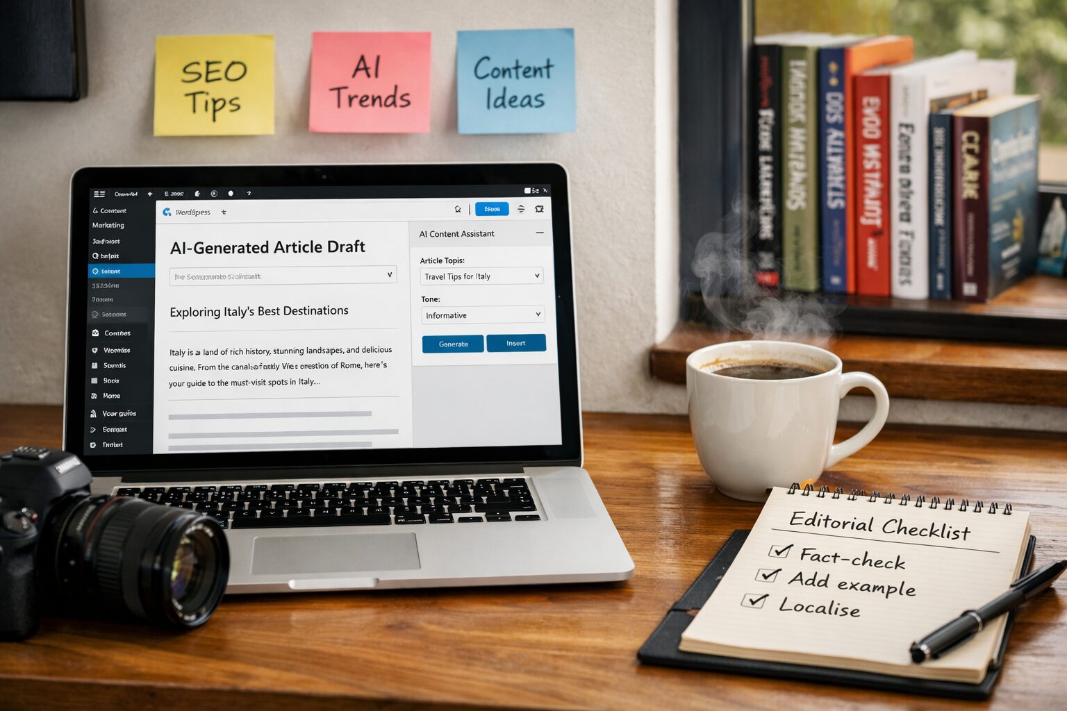 A high-resolution photograph of a modern home office: a laptop screen displays a WordPress draft with an AI-generated article editor open, sticky notes with headlines on the wall, a notepad with an editorial checklist marked 'Fact-check, Add example, Localise', and a cup of coffee steaming beside a camera on the desk. Through the window, a bookshelf holds marketing and journalism titles, hinting at deliberate human craftsmanship behind automated tools.