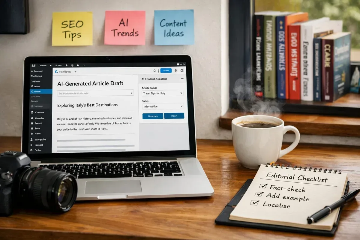 A high-resolution photograph of a modern home office: a laptop screen displays a WordPress draft with an AI-generated article editor open, sticky notes with headlines on the wall, a notepad with an editorial checklist marked 'Fact-check, Add example, Localise', and a cup of coffee steaming beside a camera on the desk. Through the window, a bookshelf holds marketing and journalism titles, hinting at deliberate human craftsmanship behind automated tools.