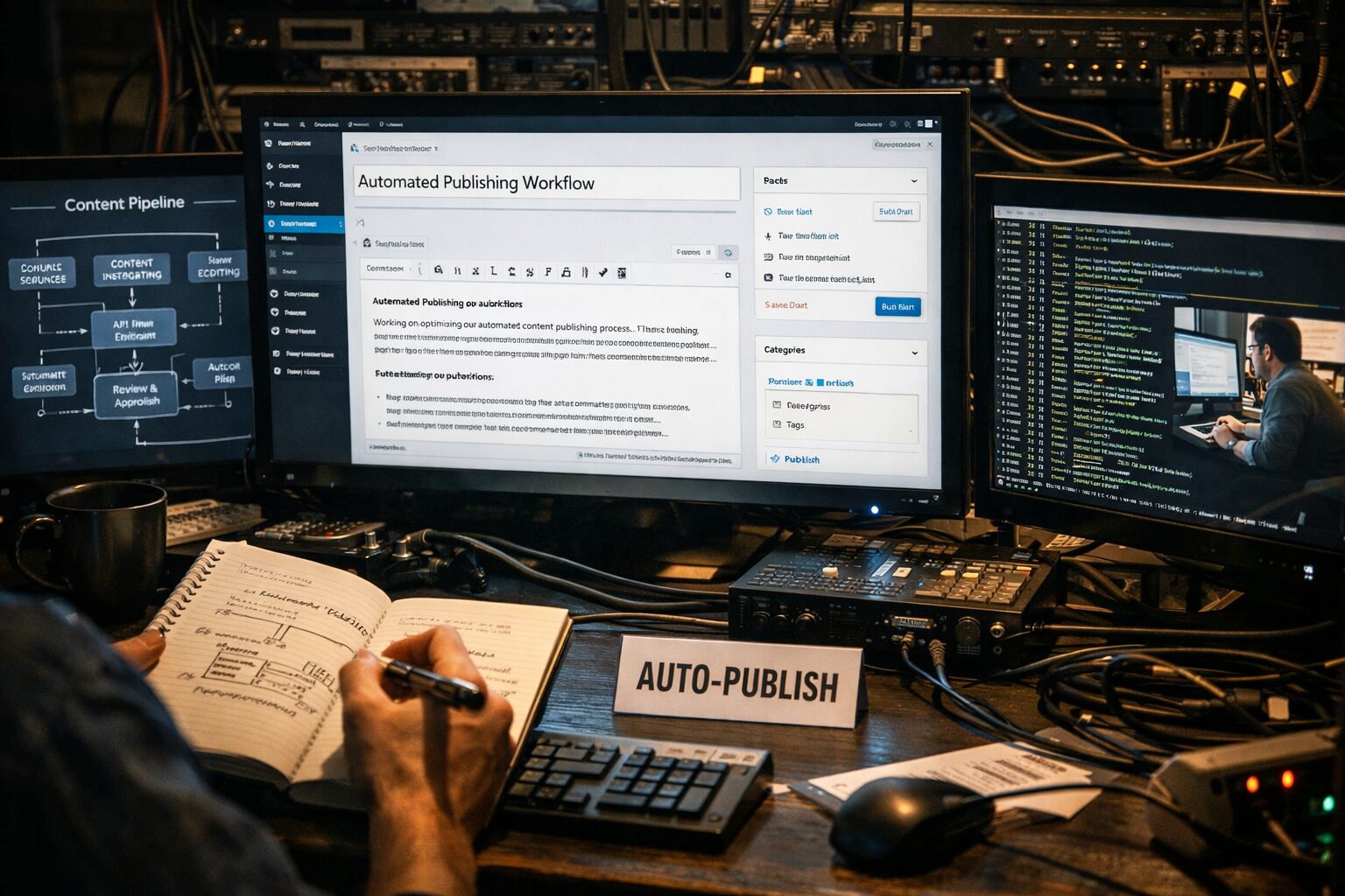 A high-resolution photograph of a dimly lit control room filled with monitors and cables; on the largest screen a WordPress dashboard with a draft post, on adjacent screens a flowchart showing content pipelines, API logs scrolling, and an editor reviewing copy. In the foreground, a person holding a notebook annotations the workflow while a small printed card reads 'AUTO-PUBLISH.' The mood is industrious and meticulous, highlighting the orchestration behind automated publishing.