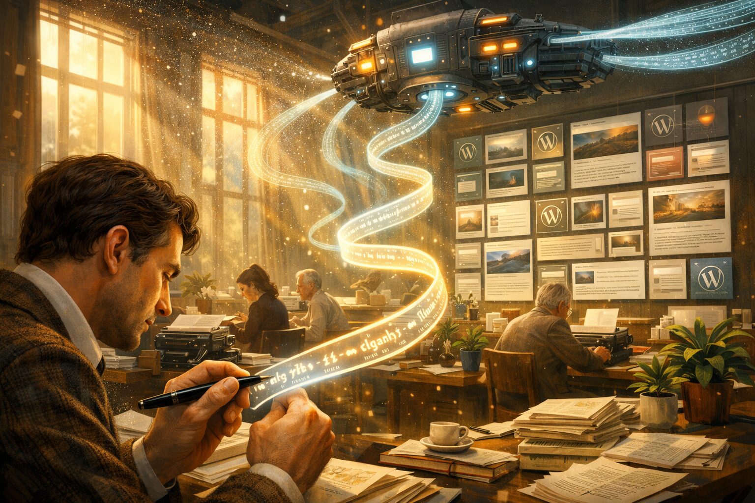A cinematic, slightly surreal digital painting: a mid‑century editorial office where human editors sit at desks covered with paper and plants, while luminous, translucent text streams like ribbons from a hovering machine into neatly organised WordPress tiles on a wall. Sunlight pours through tall windows, catching motes of dust that look like tiny data points; in the foreground, a writer gently rewrites a ribbon of glowing prose with a fountain pen, suggesting a collaborative dance between analogue craft and humming AI engines.