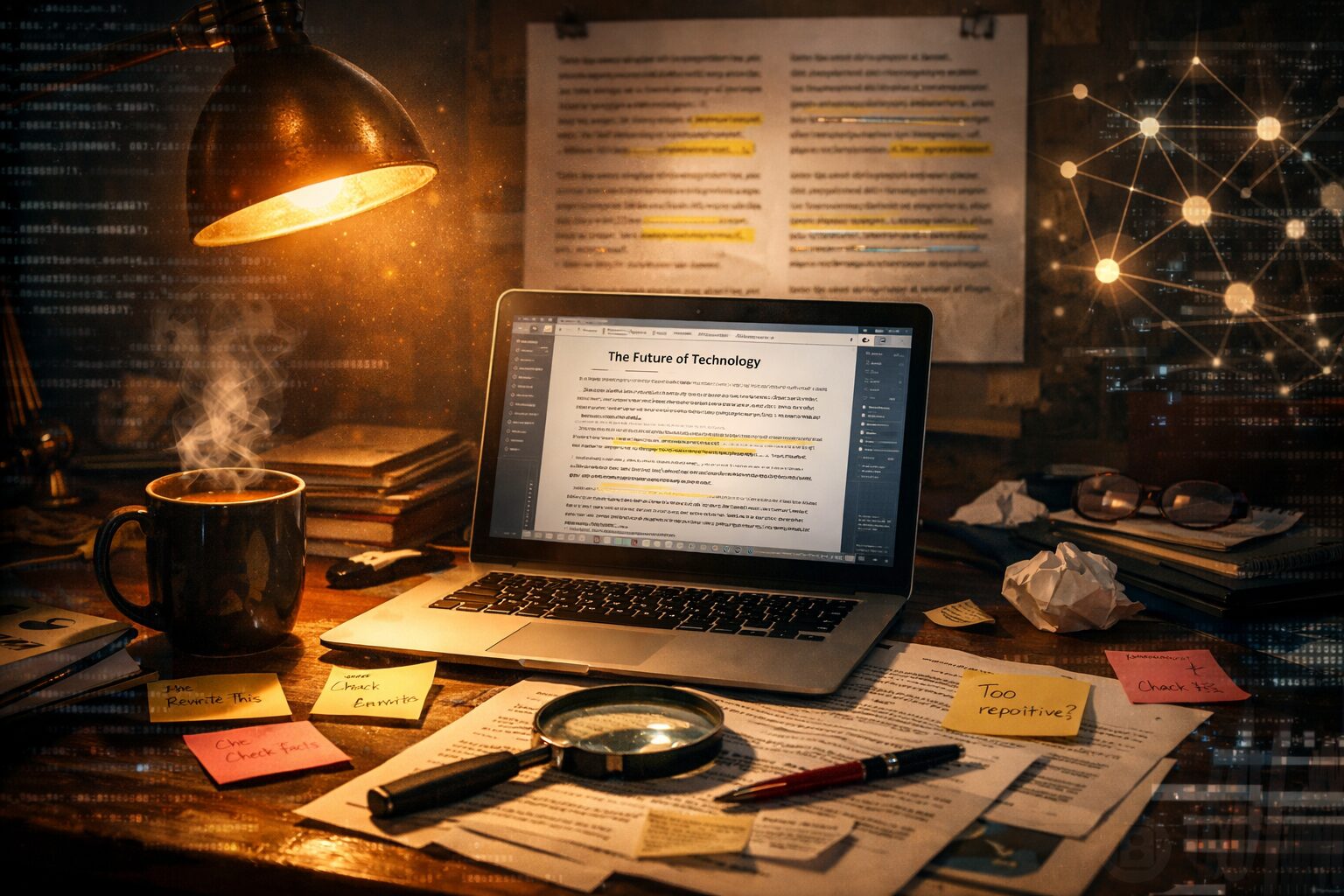 A hyper-detailed, cinematic editorial desk at dusk: a warm lamp throws a pool of light over a cluttered workspace where a laptop displays a half-written article; sticky notes with edits and a magnifying glass lie beside a steaming mug. In the shadowed background, a blurred printout shows repeating paragraphs and highlighted phrases — visual cues of synthetic repetition. The image evokes investigation and human scrutiny, with a subtle digital overlay of faint code and neural-network nodes to suggest AI assistance being interrogated by a human editor.