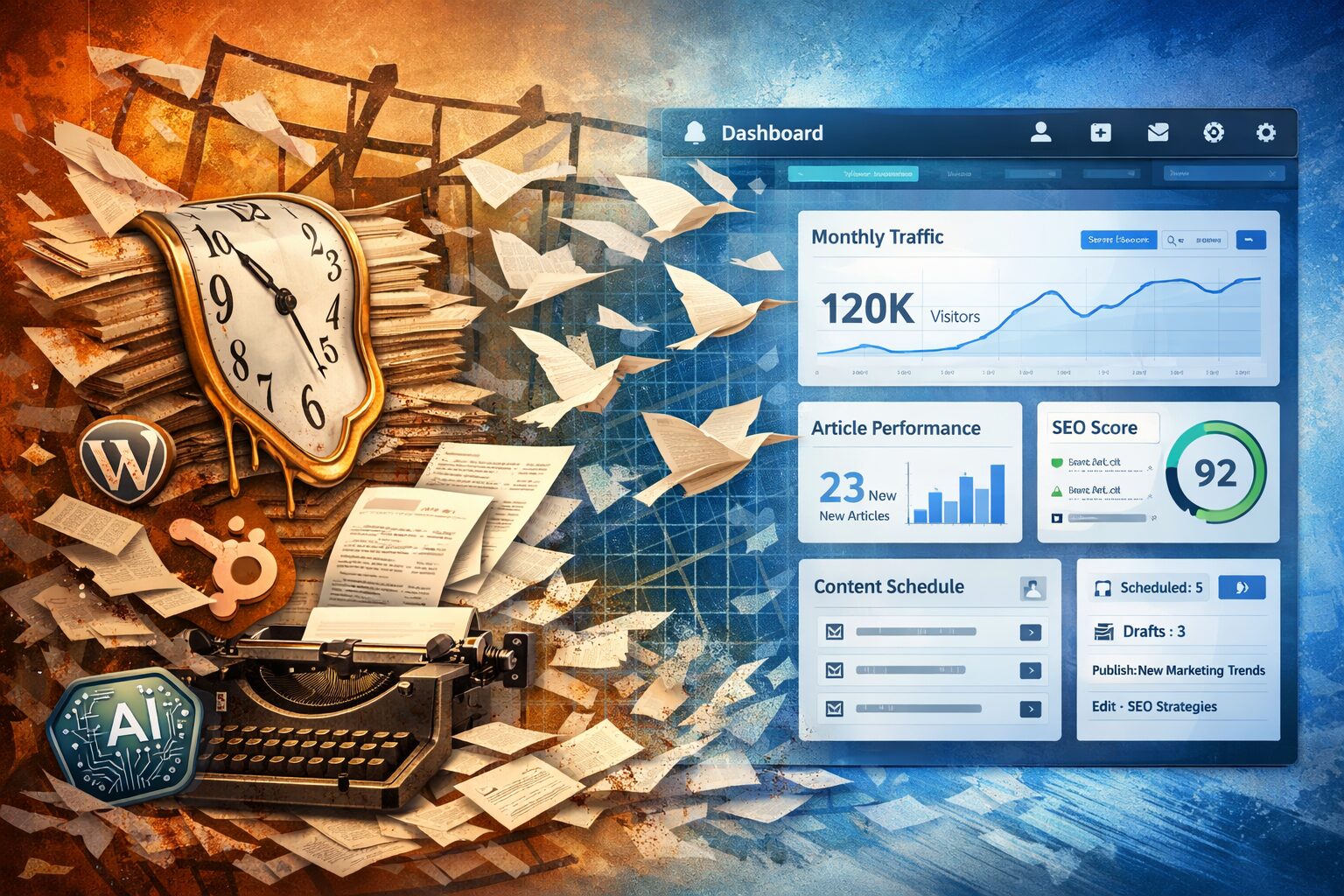 A dynamic, slightly surreal digital collage: a clock melting into a stack of articles, pages fluttering like birds away from a typewriter, a tangled, partially broken template grid in the background, and a clear, modern dashboard interface emerging from the chaos. Warm tones on the left fade into cool, organised blues on the right, symbolising the move from messy speed to tidy, effective automation. Small details include icons for WordPress and HubSpot, and a subtle badge showing an AI circuit pattern, hinting at automated article generation.