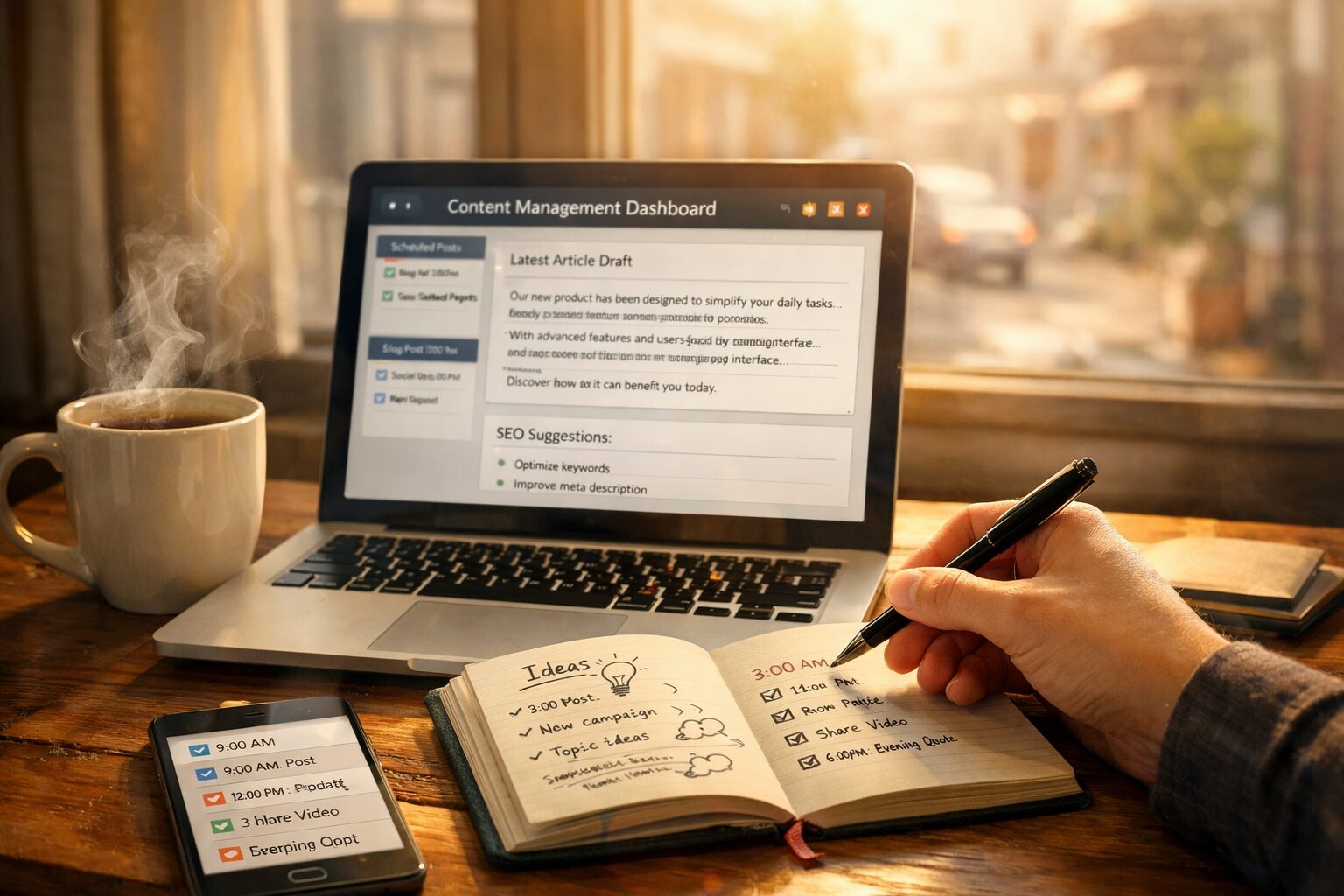 A sunlit home office in the early morning: a mug of coffee steaming beside a laptop displaying a content management dashboard, a small notebook with scribbled ideas, and a smartphone showing scheduled social snippets. Behind, a softly blurred window reveals a street waking up. The scene conveys calm productivity—AI-generated text on the screen forming neat paragraphs while a person reaches for a pen to add a personal note, emphasising collaboration between human life and automated content workflows.