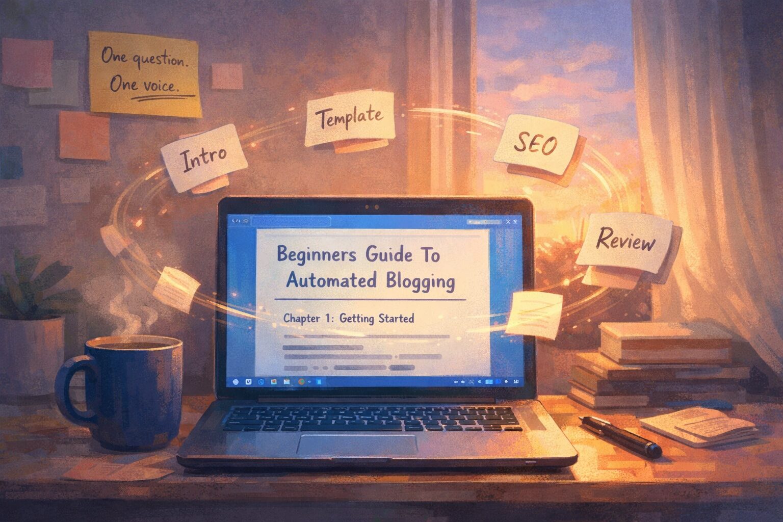 An artistic, slightly surreal scene of a compact home office at dawn: a laptop screen shows a draft titled 'Beginners Guide To Automated Blogging', beside a steaming mug. Circling the screen like orbiting moons are tiny paper pages, each labelled 'Intro', 'Template', 'SEO', 'Review'. Soft, warm light from a window illuminates hand-written sticky notes on the wall with a single visible line: 'One question. One voice.' The palette is muted pastels with a splash of electric blue from the laptop, suggesting calm, deliberate creativity and the gentle hum of automation.