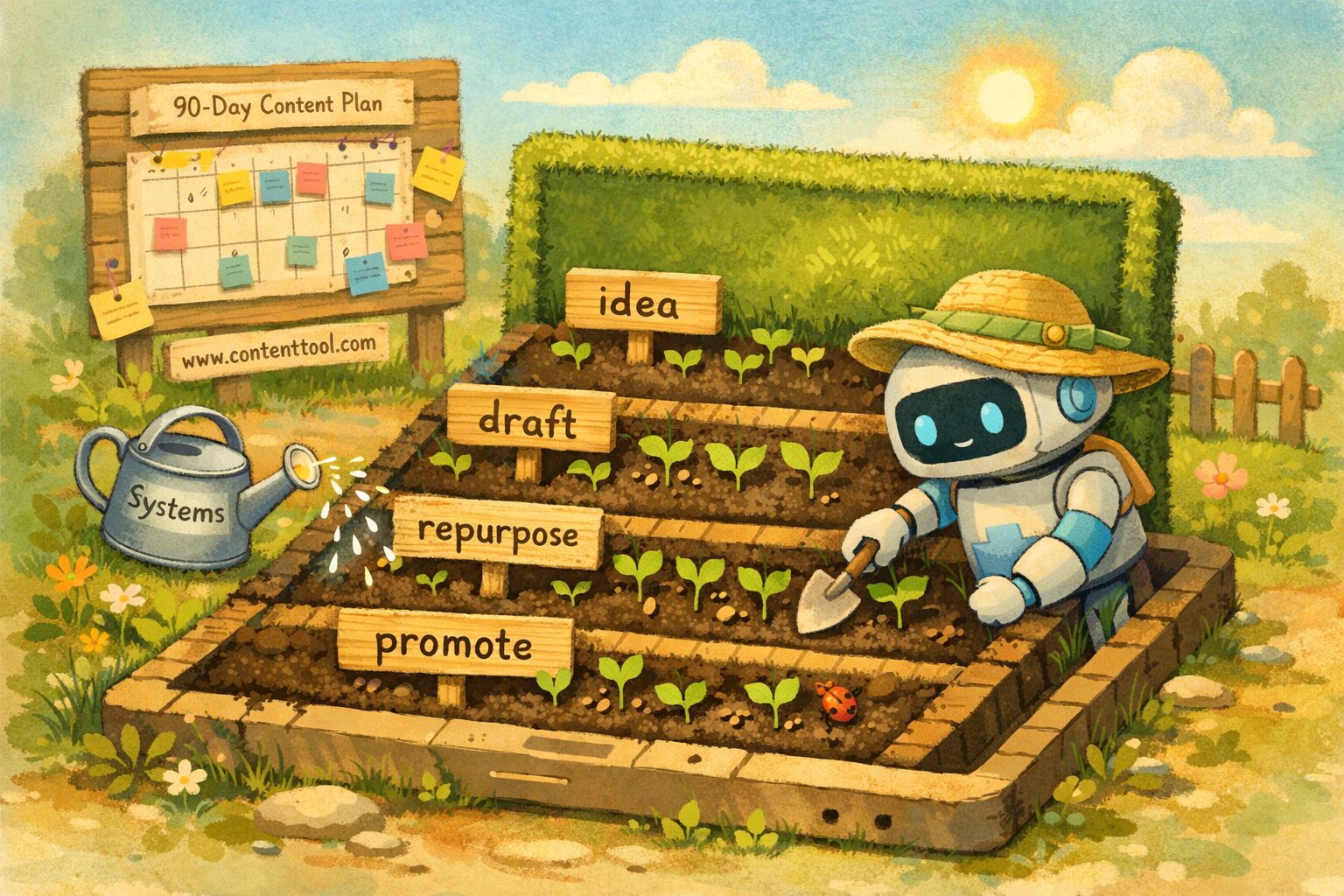 A sunlit, slightly whimsical illustration: a compact garden plot shaped like an open laptop, soil beds arranged as neat content rows, seedlings labelled with tags such as "idea", "draft", "repurpose" and "promote". A small watering can labelled "systems" sprinkles data-points like tiny glowing droplets, while a friendly robot wearing a gardener’s hat tends to seedlings with a tiny trowel. In the background, a wooden sign shows a 90-day calendar pinned with sticky notes and a subtle URL plaque for a content tool. The palette is warm pastels—greens, ochres and soft blues—evoking both tech and nature.