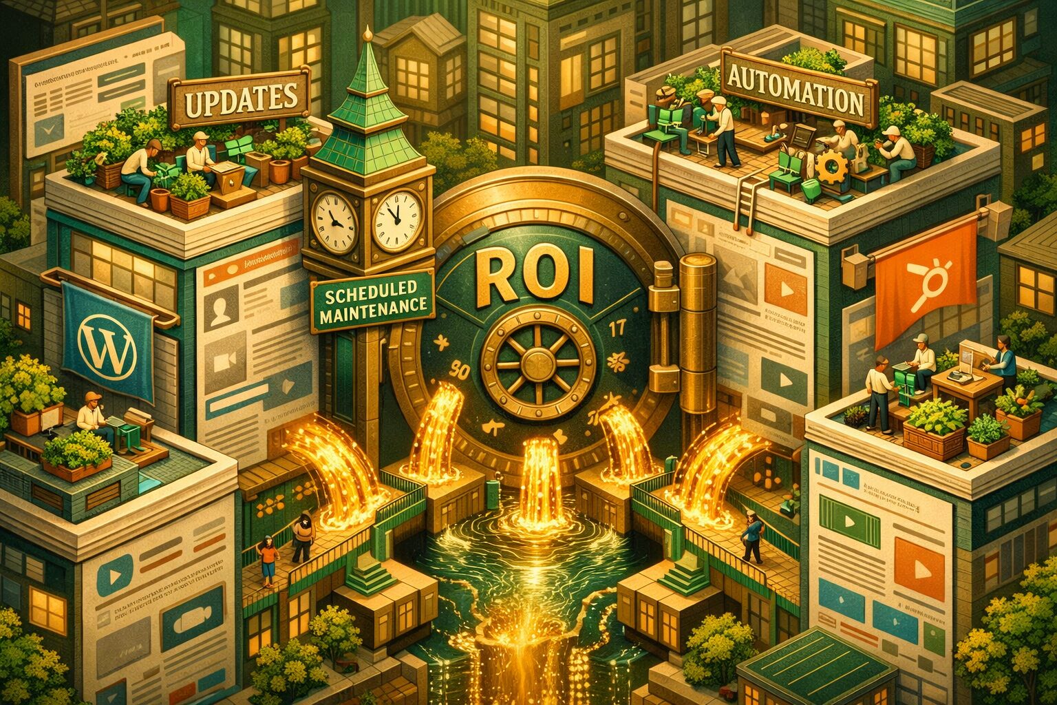 A hyper-detailed, artistic isometric scene: a cityscape made of webpages and blog posts as buildings, with tiny workers tending rooftop gardens labelled "updates" and "automation". Streams of golden data flow like rivers between buildings into a central bank vault labelled "ROI", while a clock tower ticks to show scheduled maintenance. The palette is warm with emerald greens and brass tones, conveying growth, money and care. Small banners show logos like WordPress and HubSpot to hint at platforms.