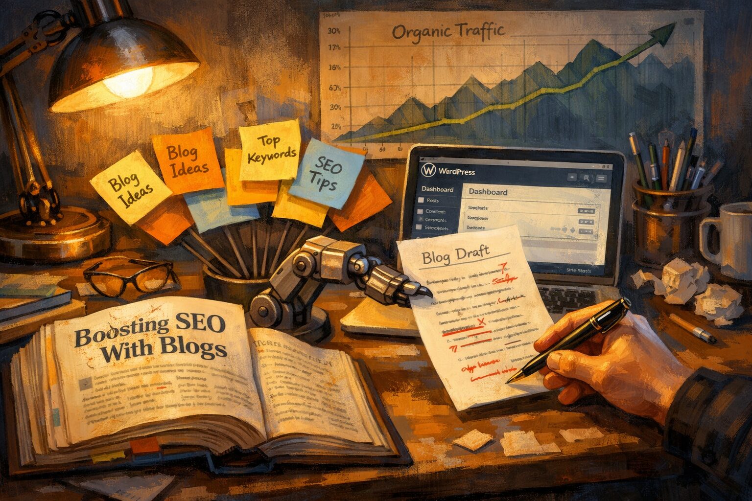 A vivid, artistic scene of a busy workbench lit by warm desk lamp light: a well-thumbed guidebook titled 'Boosting SEO With Blogs' lies open beside a laptop showing a WordPress dashboard. Sticky notes with headlines and keywords fan out like petals, while a small robotic arm (symbolising AI tools) hands a draft to a human editor who marks it with a fountain pen. In the background, a wall-mounted chart tracks rising organic traffic like a mountain range. The palette mixes cool blues with warm ambers, suggesting the blend of technology and human creativity.