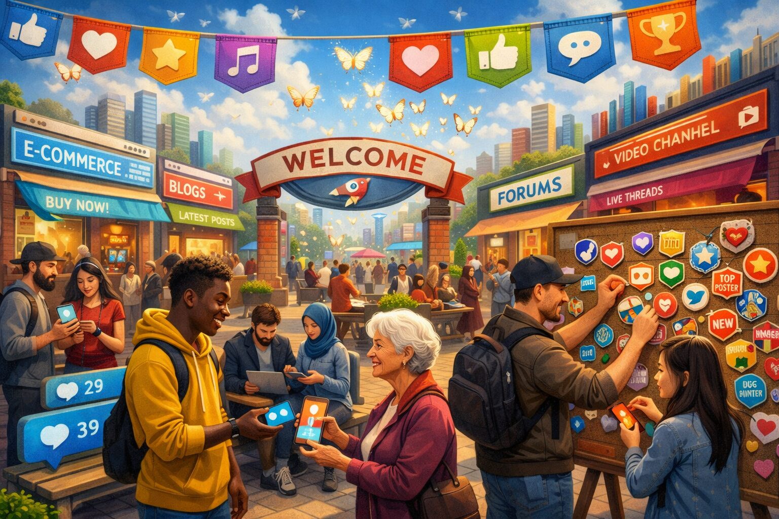A vibrant digital collage: a town square formed from website elements — landing pages as shopfronts, comment threads like benches, badges like banners overhead. People of diverse backgrounds gather, some exchanging devices that glow with notifications, others pinning user badges to a communal board. Subtle details include a progress-bar skyline, a welcome gate with a branded ribbon, and butterflies (symbolising shares) lifting from mobile screens into the sky.