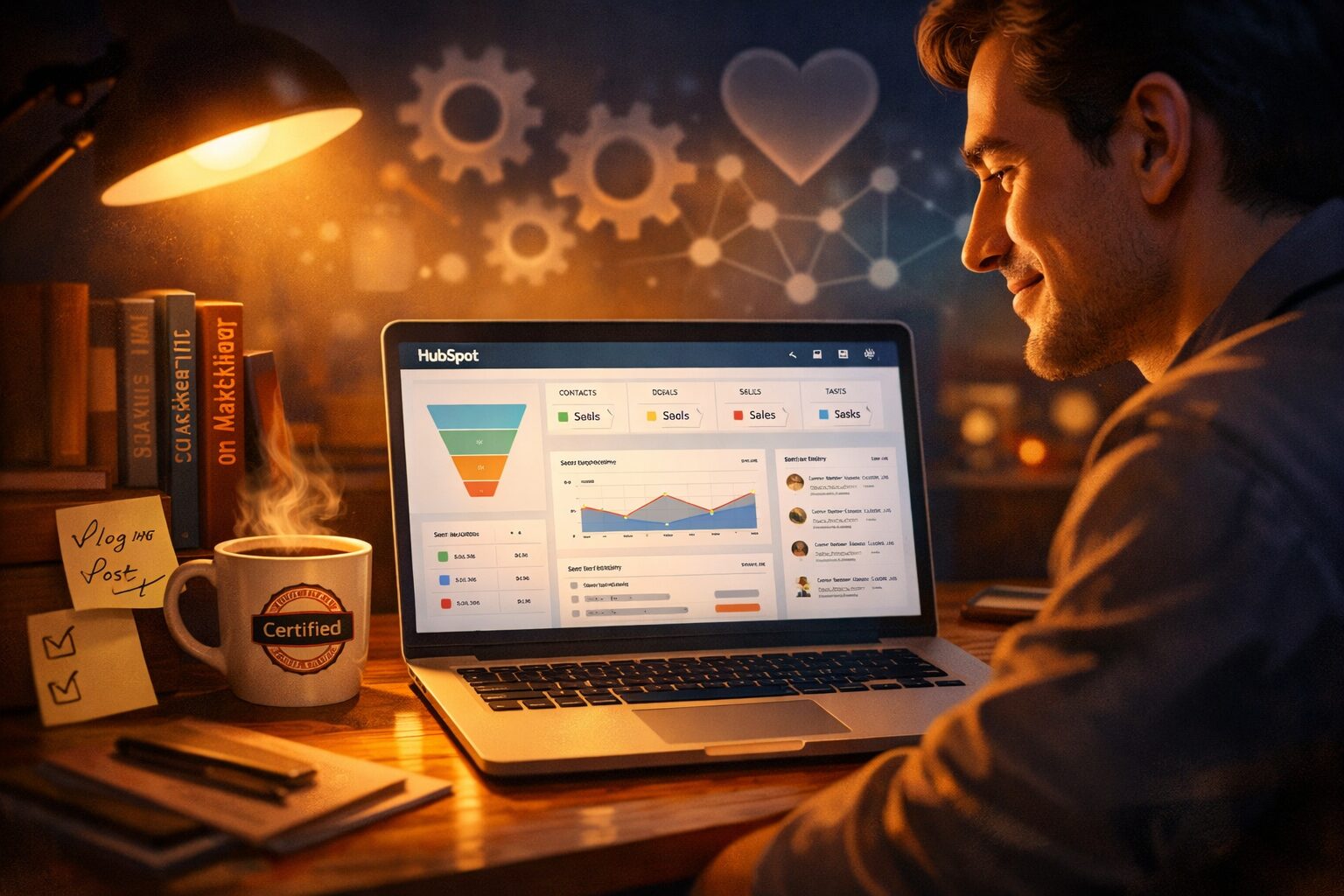 A cinematic, close-up illustration of a marketer at a desk late at night: a soft pool of warm lamp light illuminates a laptop displaying a calm, neatly organised HubSpot dashboard. Around the desk are subtle symbolic items—sticky notes with ticked tasks, a coffee cup bearing a certification badge, a small bookshelf with psychology and marketing titles. In the background, ghosted translucent icons of automation gears, a heart symbol, and a social network lattice float, suggesting emotional, cognitive and social drivers. The palette is warm ambers and cool blues, evoking both comfort and clarity, with a shallow depth-of-field that keeps focus on the laptop screen and the user’s relaxed, satisfied expression.