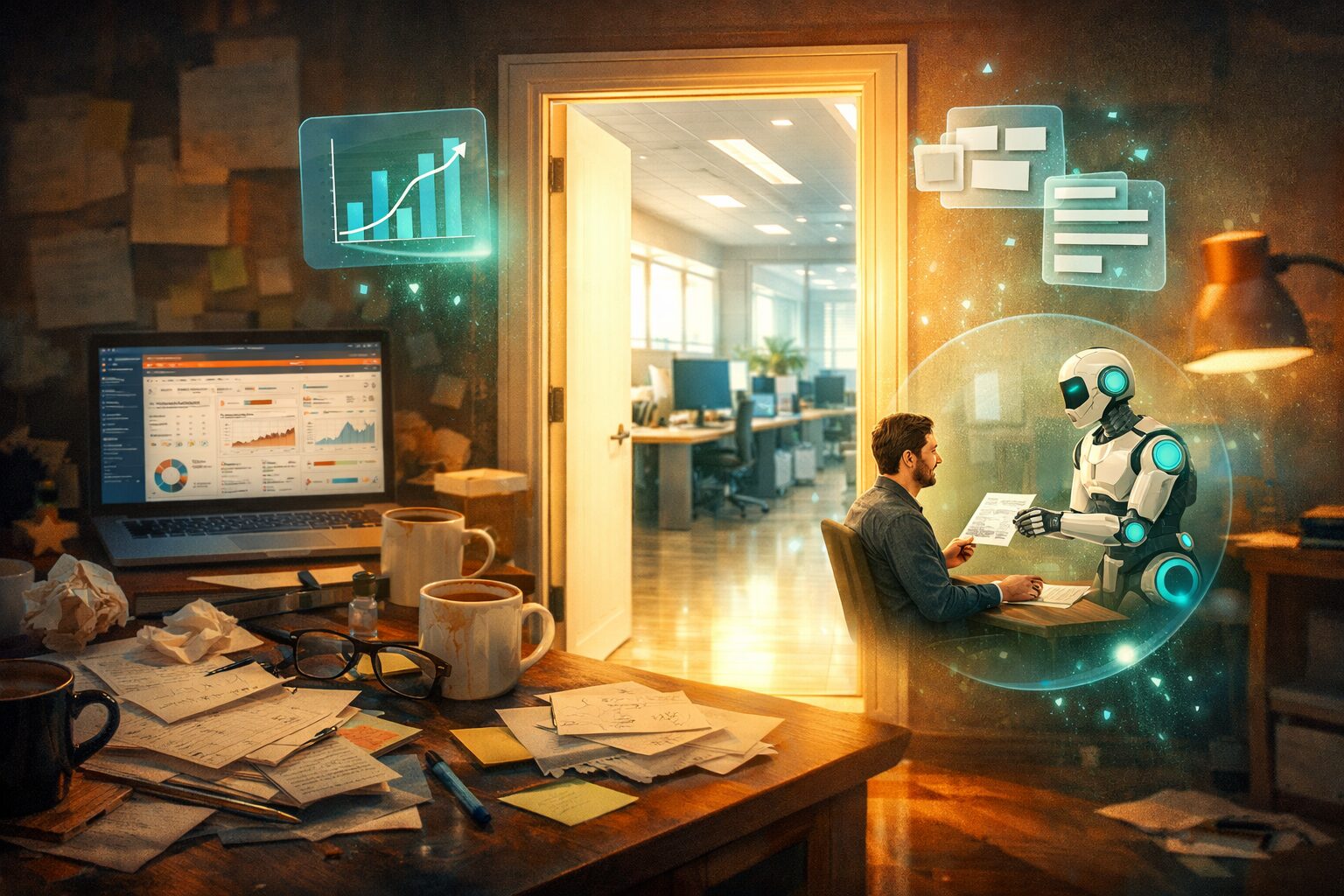 A cinematic, slightly surreal scene: a tired editorial desk at dusk, scattered with notes and coffee cups, a glowing laptop screen showing an overloaded HubSpot dashboard in the background. In the foreground, a bright doorway opens onto a crisp, modern newsroom bathed in natural light, symbolising clarity and fresh workflows. Around the doorway float translucent icons — analytics graphs, modular content blocks, and an AI robot handing a draft to a human writer — hinting at migration, automation and human-centred tooling. The palette mixes warm office tones with cool teal highlights to suggest both comfort and renewal.