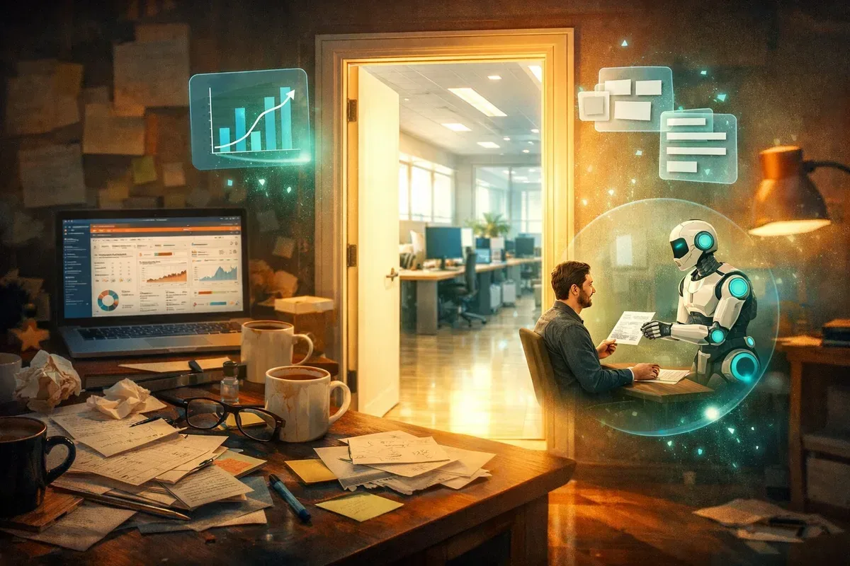 A cinematic, slightly surreal scene: a tired editorial desk at dusk, scattered with notes and coffee cups, a glowing laptop screen showing an overloaded HubSpot dashboard in the background. In the foreground, a bright doorway opens onto a crisp, modern newsroom bathed in natural light, symbolising clarity and fresh workflows. Around the doorway float translucent icons — analytics graphs, modular content blocks, and an AI robot handing a draft to a human writer — hinting at migration, automation and human-centred tooling. The palette mixes warm office tones with cool teal highlights to suggest both comfort and renewal.