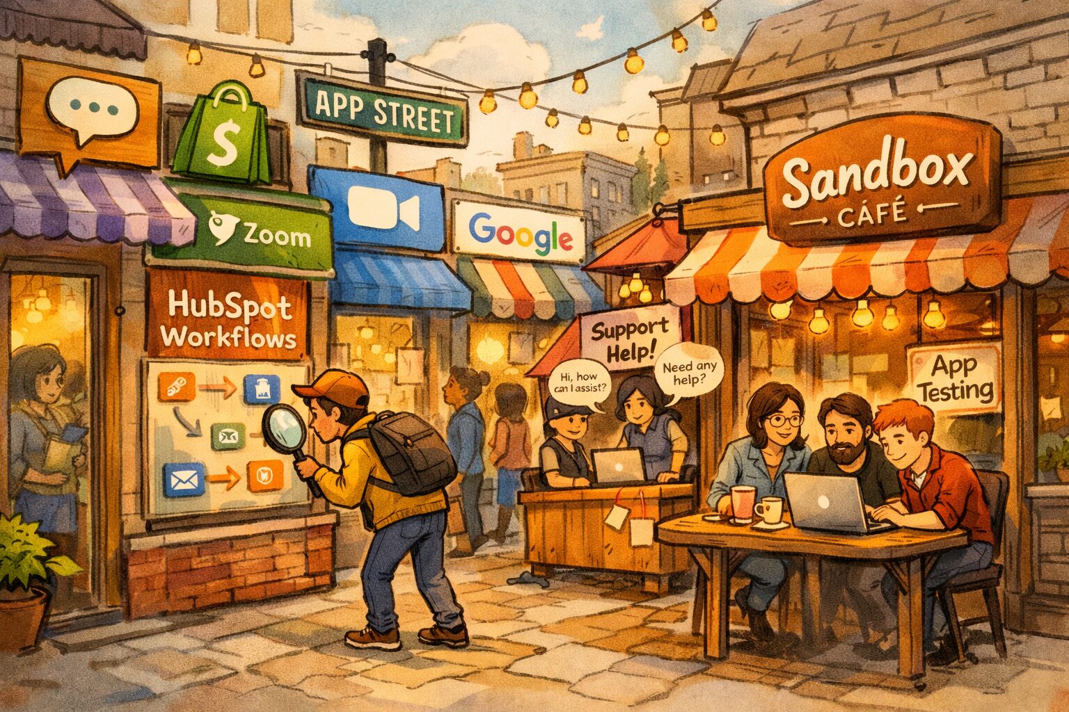 An artistic digital illustration of a bustling high street made of app storefronts: colourful shopfronts labelled with small integration icons, a curious newcomer with a magnifying glass examining a window display showing HubSpot workflows, vendor stalls with visible support chats, and a cosy café named 'Sandbox' where a small group tests an app on a laptop. Soft, warm tones and lively, hand-drawn lines convey approachability and discovery.
