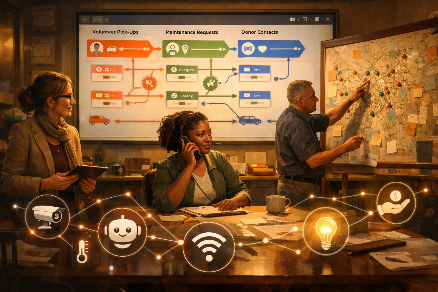 A cinematic, high-resolution illustration showing a community control room bathed in warm light. On a central screen, a HubSpot-style dashboard displays coloured workflow lanes linking volunteer pick-ups, maintenance requests and donor contacts. Around the table sit diverse characters — a museum curator with a tablet, a volunteer coordinator on a phone call, a council officer pointing at a map pinned with pins. In the foreground, small icons representing IoT sensors and AI chatbots float like constellations, visually connecting real-world objects to the dashboard. The mood is collaborative and quietly hopeful, emphasizing practical problem-solving rather than corporate sheen.