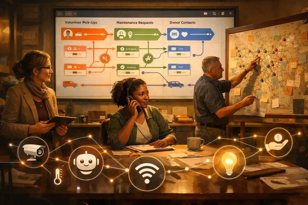 A cinematic, high-resolution illustration showing a community control room bathed in warm light. On a central screen, a HubSpot-style dashboard displays coloured workflow lanes linking volunteer pick-ups, maintenance requests and donor contacts. Around the table sit diverse characters — a museum curator with a tablet, a volunteer coordinator on a phone call, a council officer pointing at a map pinned with pins. In the foreground, small icons representing IoT sensors and AI chatbots float like constellations, visually connecting real-world objects to the dashboard. The mood is collaborative and quietly hopeful, emphasizing practical problem-solving rather than corporate sheen.