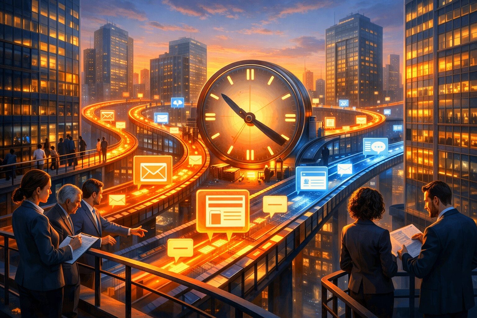 An imaginative digital painting: a cityscape at dawn where office buildings are interconnected by glowing conveyor belts of light, each belt carrying symbolic marketing elements — emails, landing pages, chat bubbles — into a central hub shaped like a clock. People in diverse business attire stand on balconies, sketching plans as the belts hum below. The palette is cool blues and warm oranges, evoking motion, speed and the quiet concentration of teams turning automation into strategic momentum.