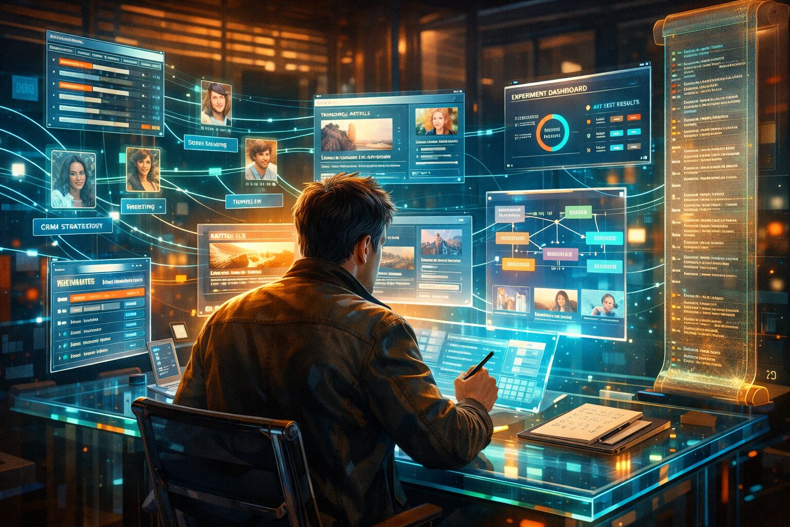 A cinematic, hyper-detailed illustration of a futuristic workspace: a content strategist sits at a translucent desk surrounded by floating panes showing personalised article modules, CRM timelines and experiment dashboards. Holographic threads connect reader personas to branching article segments, while a faint ledger scroll records edit provenance. The colour palette blends warm human tones with cool neon blues and greens, suggesting the fusion of human judgement and machine precision.