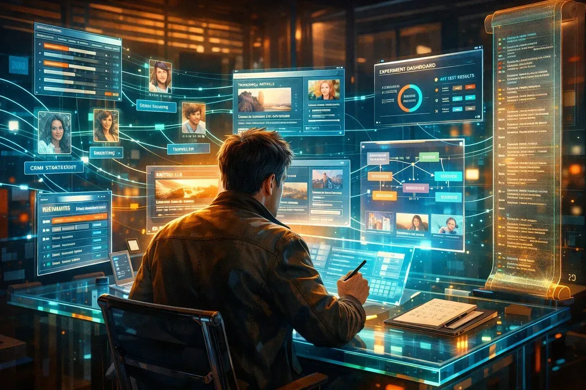A cinematic, hyper-detailed illustration of a futuristic workspace: a content strategist sits at a translucent desk surrounded by floating panes showing personalised article modules, CRM timelines and experiment dashboards. Holographic threads connect reader personas to branching article segments, while a faint ledger scroll records edit provenance. The colour palette blends warm human tones with cool neon blues and greens, suggesting the fusion of human judgement and machine precision.