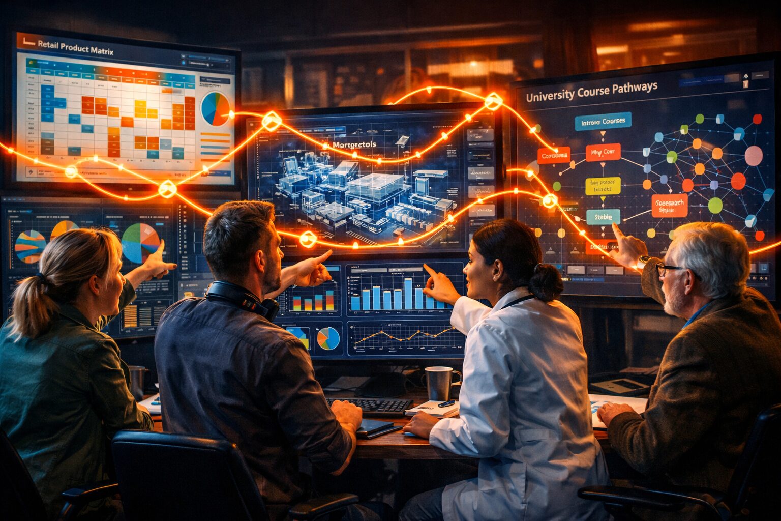 A vivid, cinematic image of a modern control room where screens display colourful HubSpot dashboards intermingled with schematics: a retail product matrix, a hospital triage flowchart, a manufacturing blueprint and a university course map. Diverse professionals — a marketer, an engineer, a clinician and an academic — lean in, pointing at different screens as threads of orange HubSpot topic clusters glow and connect the displays, symbolising SEO stitching together distinct industry workflows.