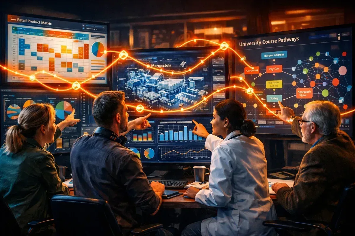 A vivid, cinematic image of a modern control room where screens display colourful HubSpot dashboards intermingled with schematics: a retail product matrix, a hospital triage flowchart, a manufacturing blueprint and a university course map. Diverse professionals — a marketer, an engineer, a clinician and an academic — lean in, pointing at different screens as threads of orange HubSpot topic clusters glow and connect the displays, symbolising SEO stitching together distinct industry workflows.