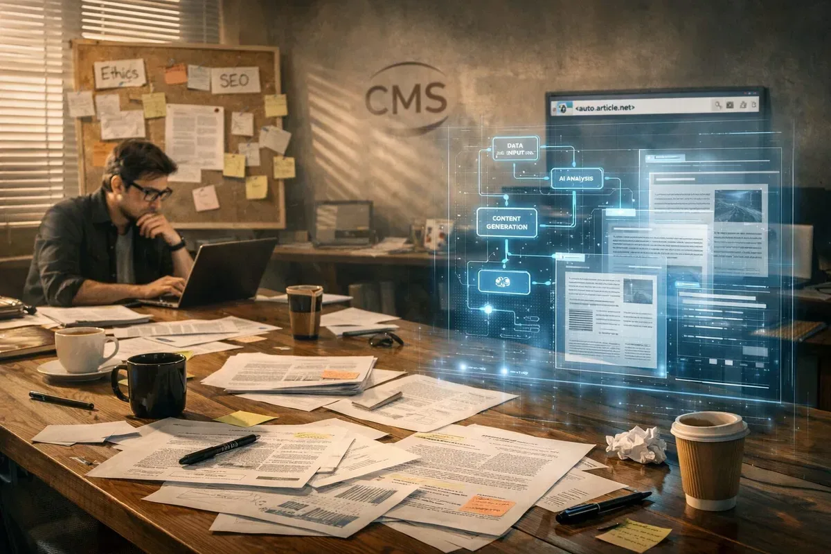 A cinematic, slightly surreal editorial studio: a long wooden table strewn with printed drafts, coffee cups and pens; at one end a person in glasses reads a laptop screen with a focused expression, while at the other a translucent holographic overlay displays algorithmic flowcharts and article drafts. Soft daylight filters through blinds, highlighting marginalia and sticky notes on a corkboard labelled 'Ethics' and 'SEO'. In the background, a subtle logo for a CMS and a small browser tab showing  suggest the modern intersection of craft and automation. The overall palette is warm neutrals with cool blue digital accents, evoking both human warmth and technological precision.