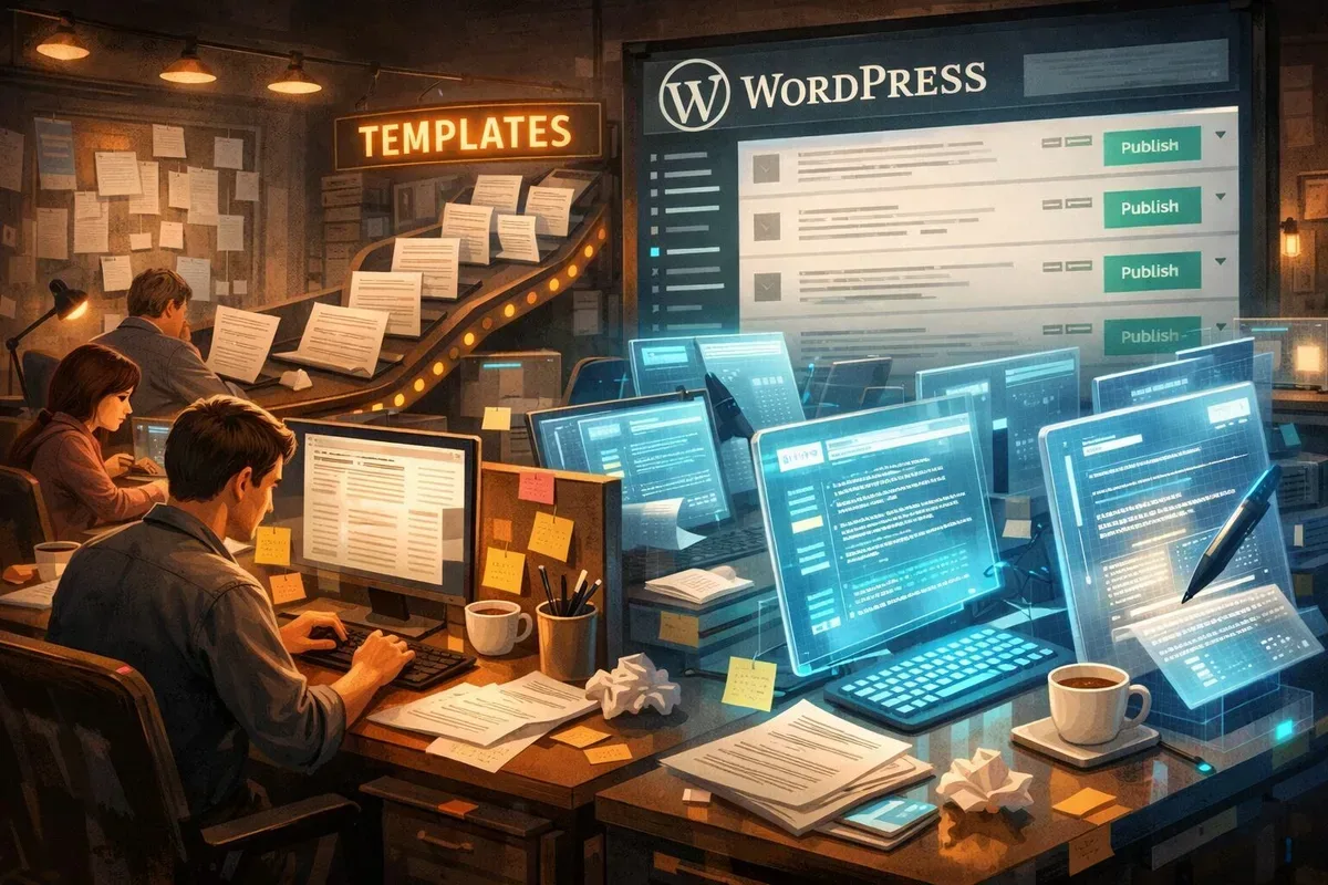 A cinematic, detailed digital illustration showing a compact newsroom where half the desks are occupied by human writers and the other half by sleek, translucent AI interfaces. Papers, coffee cups and sticky notes blend into glowing code and automatically flowing articles. In the background, a conveyor belt labelled ‘Templates’ feeds perfectly formatted articles into a WordPress dashboard on a large screen. Warm, muted colours with pinpoints of neon blue highlight the collaboration between human creativity and automated efficiency.