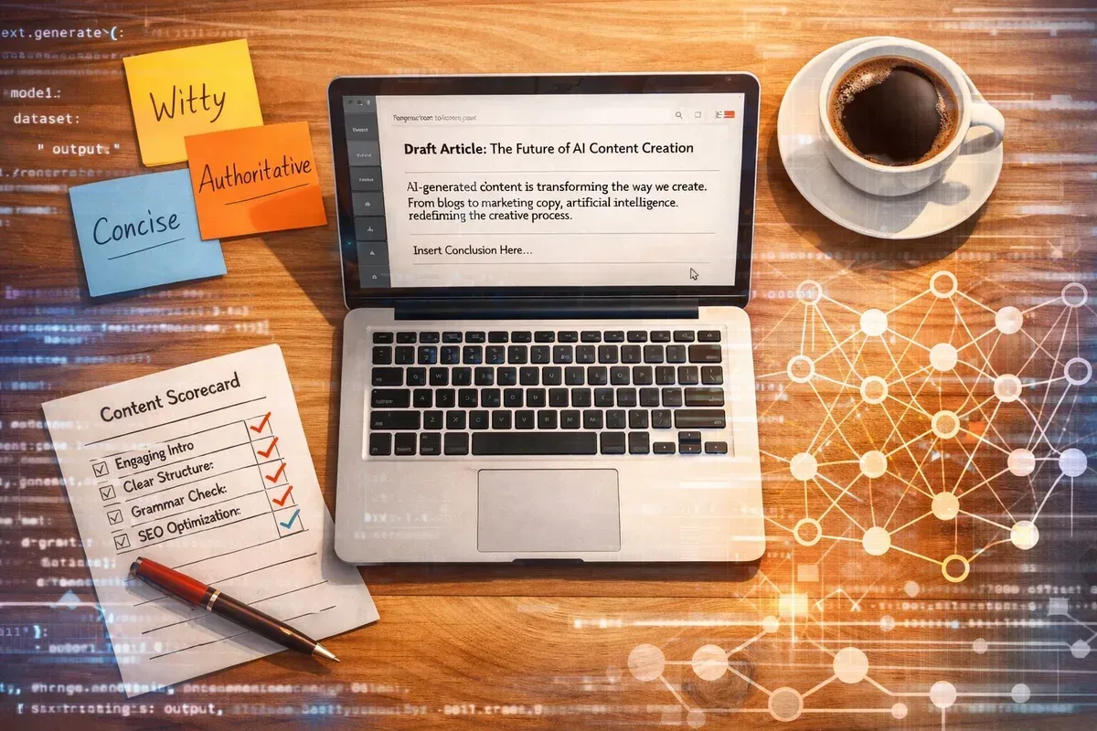 A stylised, modern workspace seen from above: a wooden desk with a laptop displaying a half-finished AI-generated article, sticky notes with brand tone keywords (witty, authoritative, concise), a printed scorecard with tick boxes, a cup of coffee, and a translucent overlay of code and neural-network diagrams blending into the page — symbolising the intersection of human craft and machine generation.