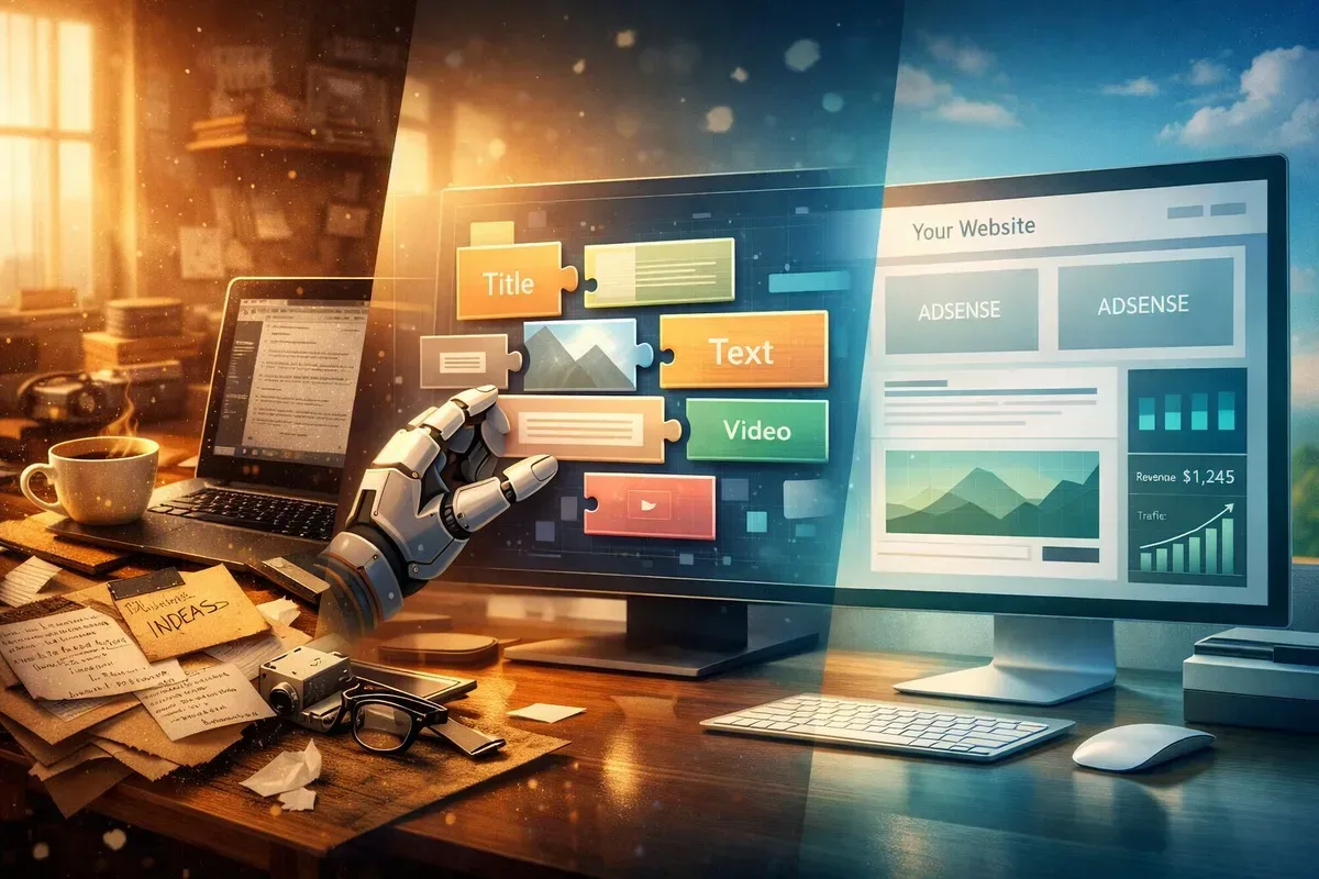 A stylised, cinematic image of a cluttered writer’s desk gradually transforming into a sleek dashboard: on the left, coffee-stained notes, scattered idea cards and a tired laptop; centre, an AI interface gently assembling article blocks like puzzle pieces; right, a neat website preview with AdSense placeholders and rising analytics graphs. Soft morning light catches dust motes, symbolising forgotten ideas being electrified into productive content; colours blend warm browns on the left into cool blues and greens on the right, suggesting order emerging from chaos.