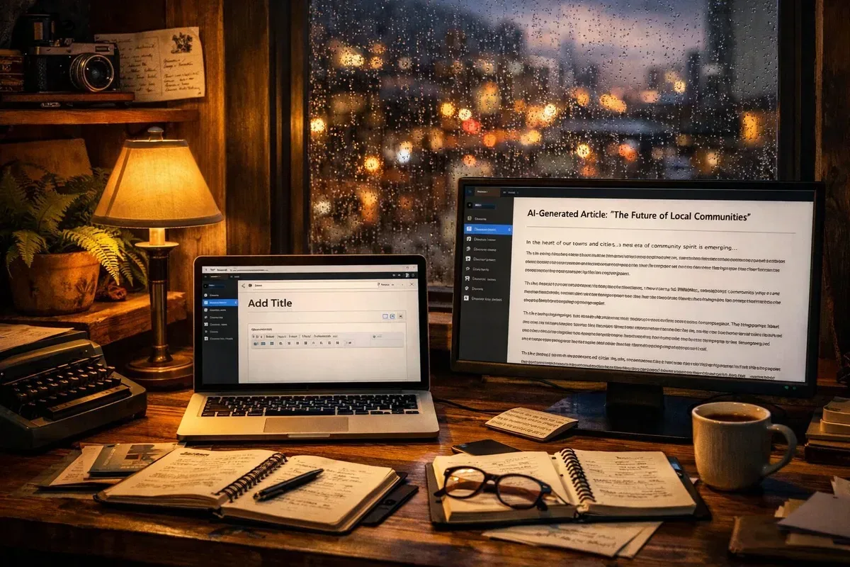 A cinematic image of a cosy newsroom at dusk: warm lamplight spills over a wooden desk strewn with notebooks, an open laptop displaying a WordPress editor and a second screen showing an AI-generated draft. Outside the rain-speckled window, blurred city lights suggest local communities. On a nearby shelf sit eclectic objects — a vintage camera, a hand-written postcard, a potted fern — symbolising niche passions and human craftsmanship. The composition blends analogue textures with sleek digital interfaces, hinting at the collaborative future between editors and machine-generated content.