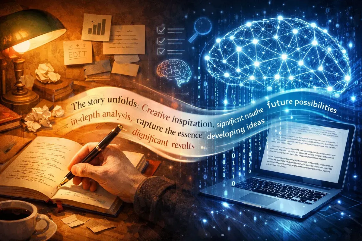 An evocative, high-resolution illustration of a writer’s desk split down the middle: on the left, a human hand holding a fountain pen over a notebook, warm lamplight, paper shavings and sticky notes; on the right, a translucent neural network rendered in glowing lines and nodes spilling binary code that morphs into neatly typed paragraphs on a laptop screen. Between them, a ribbon of text flows like a bridge, composed of familiar collocations and highlighted words, symbolising the shared predictive patterns. The colour palette balances cosy sepia tones with cool neon blues to emphasise the human–machine partnership, and small icons—graphs, a brain silhouette, a checklist—float subtly in the background to suggest research, readability and editorial oversight.
