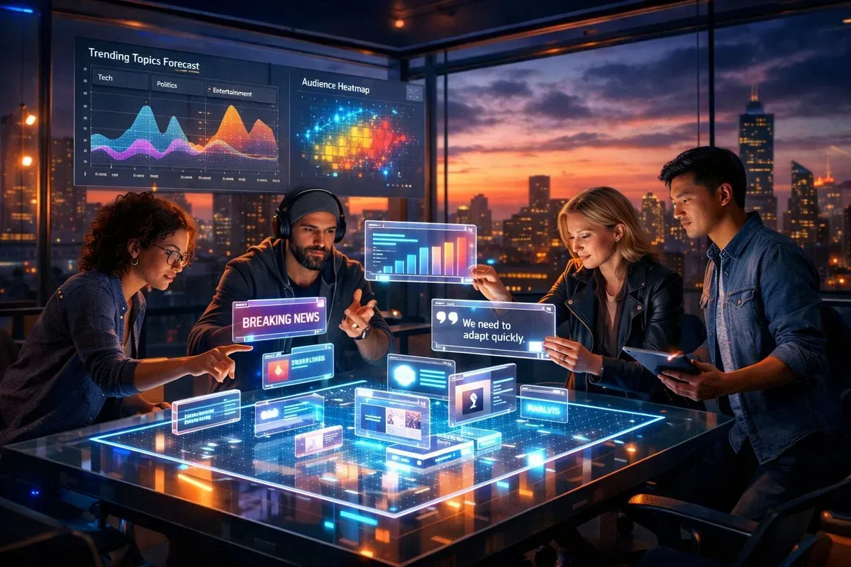 A vivid, futuristic workspace: a glass-walled room at dusk where a small editorial team collaborates around a holographic table. Floating above the table are translucent modular content blocks—headlines, charts, quote capsules—being dragged and snapped together like digital Lego. In the background, a calm dashboard projects predictive topic timelines and audience heatmaps across a city skyline. The lighting is warm, with neon blue accents; the mood blends human focus and high-tech ease, symbolising a future where automation amplifies creative judgement.