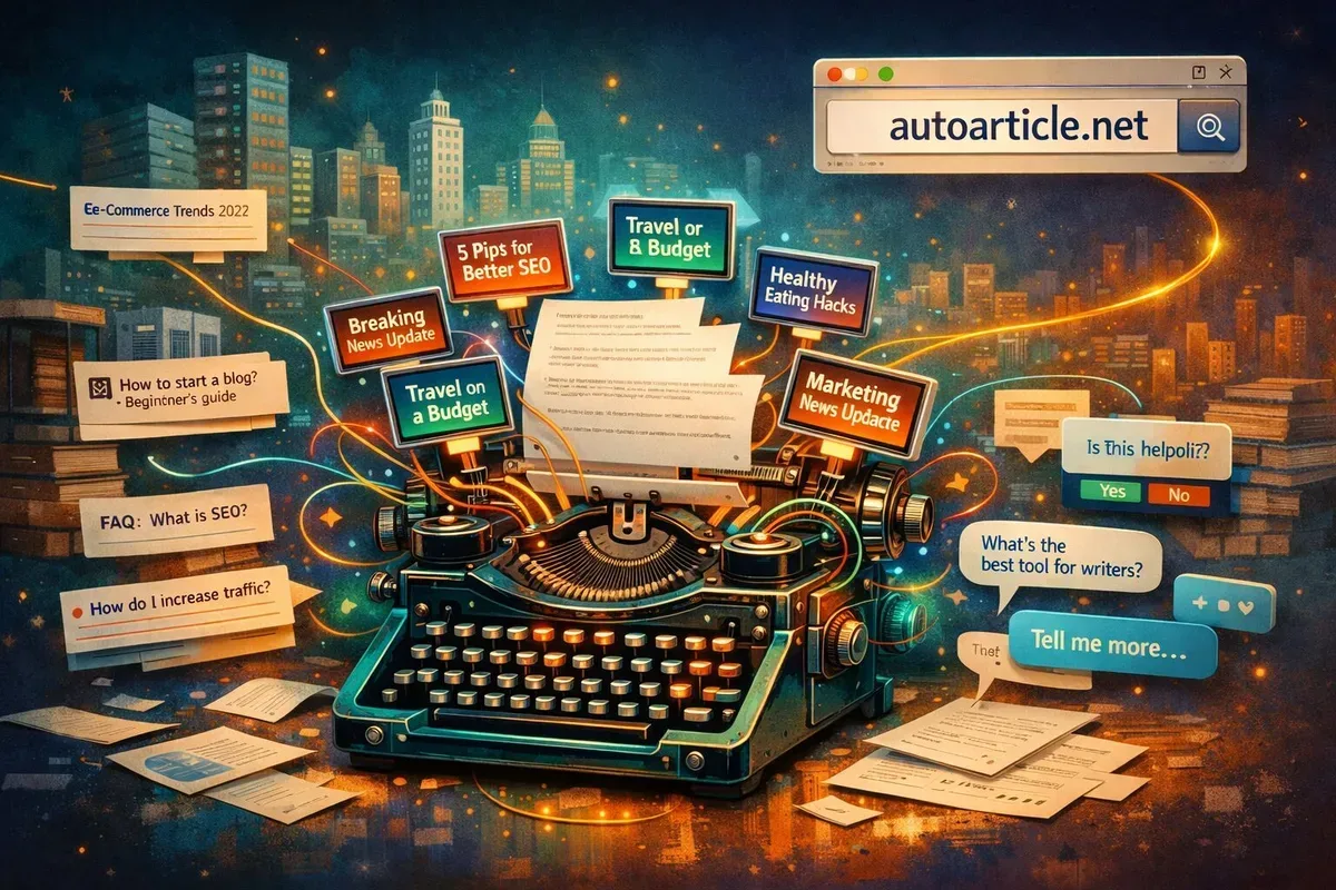 A vibrant, slightly surreal digital collage: a vintage typewriter sprouting neon wires and tiny glowing screens, each screen showing a different micro-article headline. Around the typewriter float annotated search snippets, FAQ cards, and branching conversation bubbles. In the background, faint outlines of a city skyline made of server racks and books suggest the intersection of technology, storytelling and real-world commerce. The palette is teal, warm orange and deep indigo, with a single golden thread linking the typewriter to a browser window that displays the autoarticle.net logo.