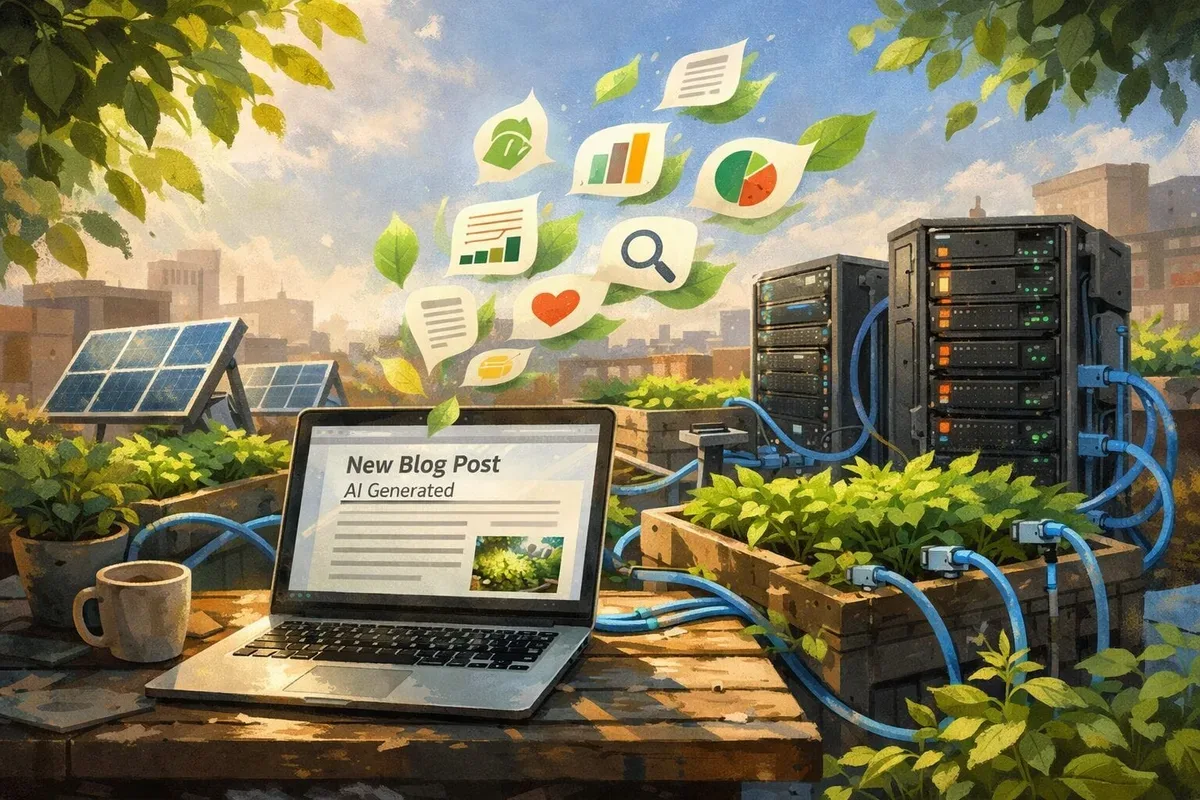 An evocative digital painting showing a small urban rooftop garden where tiny solar panels and server racks co-exist. Sunlight glints off green leaves while soft blue cables connect compact servers to the plants’ irrigation system metaphorically powered by renewable energy. In the foreground, an open laptop displays an auto-generated blog post, and a paperless archive of icons (tags, analytics graphs) floats upward like leaves on the breeze, suggesting digital content that’s both efficient and life-affirming.