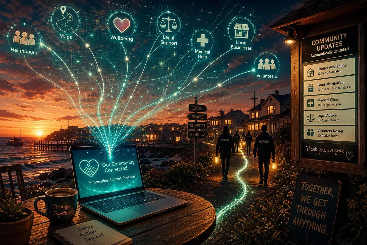 A cinematic, high-contrast illustration of a coastal town at dusk where a glowing laptop on a cafe table projects holographic threads of information into the sky. Each thread turns into icons—maps, hearts, legal scales, medical crosses—connecting to neighbours, volunteers and small businesses. In the background, silhouetted volunteers follow a lighted path along the shore, while a community noticeboard displays automated updates. The palette is warm with teal accents, evoking community, technology and urgency.