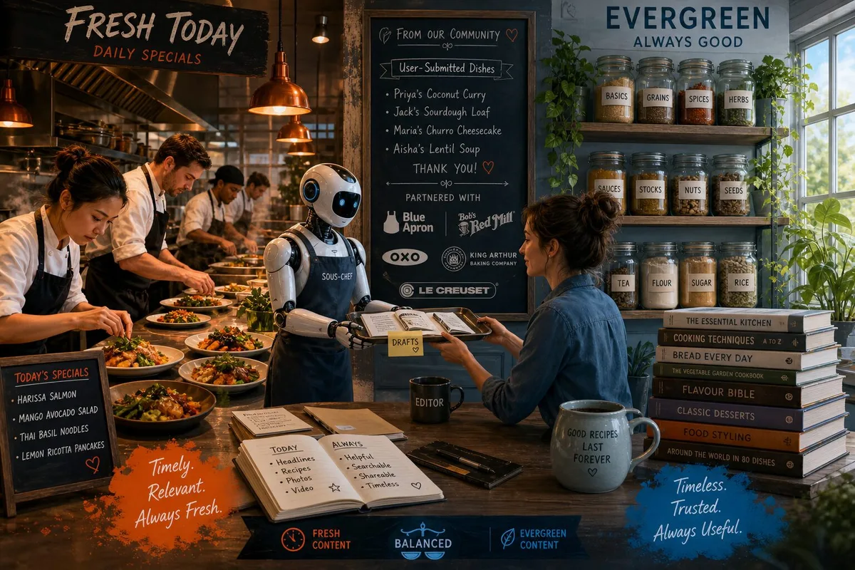 An artistic montage showing a bustling kitchen and a calm pantry side by side: on the left, chefs hurriedly plate colourful daily specials under warm lights (representing fresh content); on the right, neatly labelled jars and stacked recipe books sit in soft daylight (representing evergreen content). Between them, a robotic sous-chef passes a tray of drafts to a human editor, while a chalkboard lists user-submitted dishes and partner logos. The overall palette mixes vibrant oranges and cool blues to suggest energy balanced by steadiness.