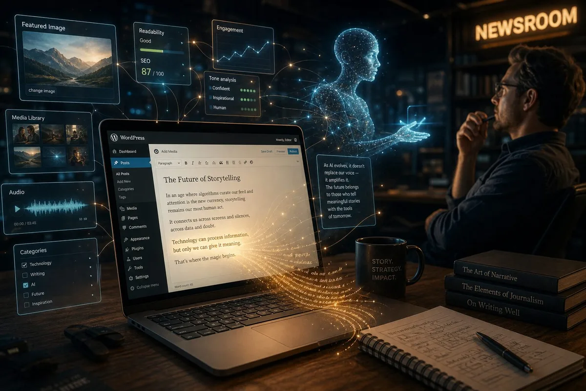 A cinematic, slightly surreal newsroom scene: a wooden desk with an open laptop showing a WordPress editor, its text subtly glowing and flowing like living ink. Around the laptop hover translucent panels displaying thumbnails, audio waveforms and mini interactive charts, connected by thin luminous threads. In the background, a human editor leans back thoughtfully, pen in hand, while an abstract AI figure — a gentle luminous silhouette formed of data points — gestures as if handing over a paragraph. Warm studio lighting mixes with cool digital blues, conveying collaboration between human craft and machine precision.
