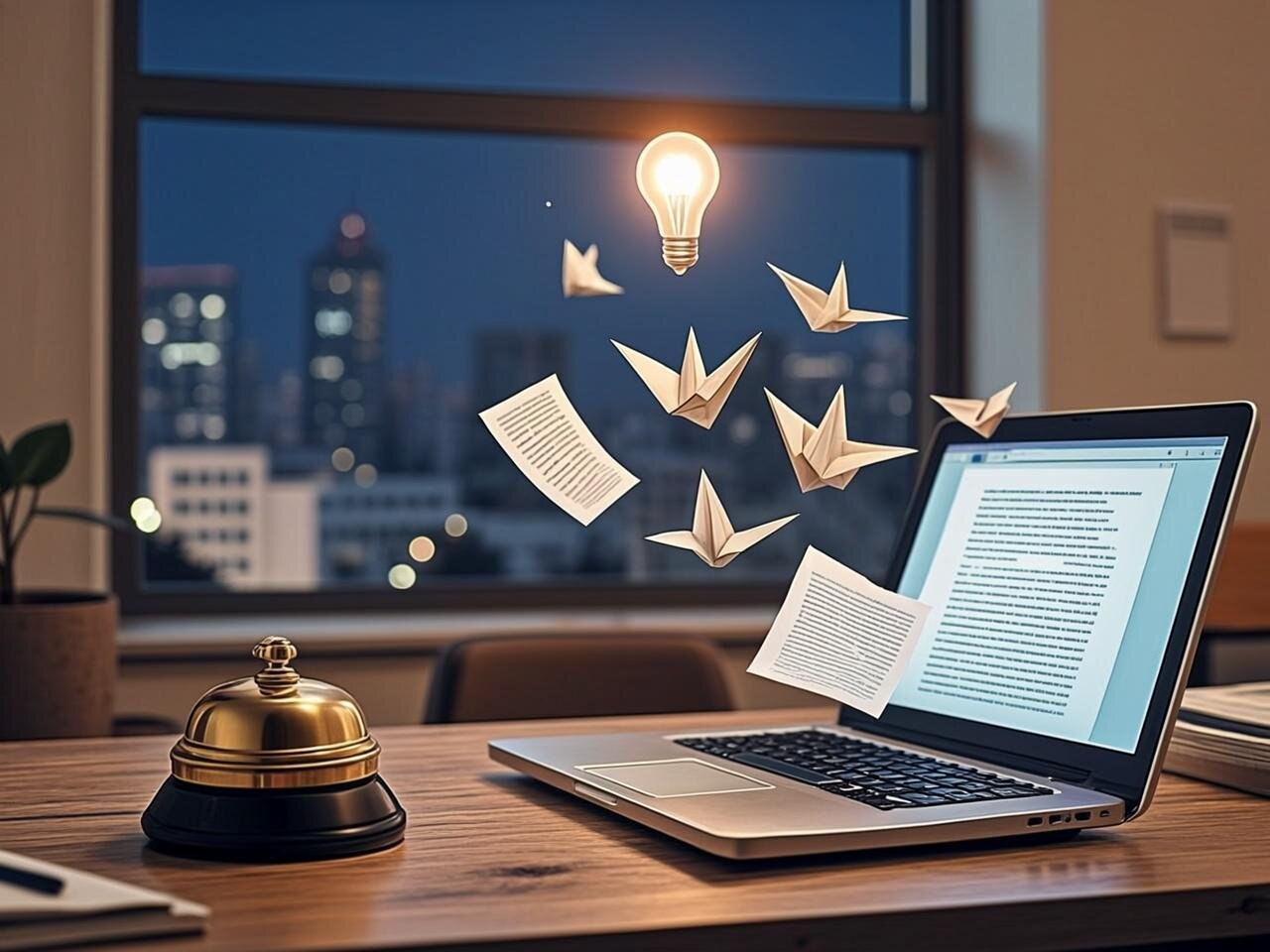 A warmly lit, slightly surreal illustration of a small business owner's desk at night, where an antique brass concierge bell sits beside a modern laptop. From the laptop screen, dozens of glowing paper articles float upward like origami cranes, each one carrying a tiny question mark that transforms into a lightbulb as it rises. The articles form a gentle spiral that reaches toward a large window showing a dark cityscape with scattered warm lights — representing customers finding answers at all hours. A subtle Google AdSense icon is woven into the desk's wood grain, almost hidden, suggesting revenue as a quiet undercurrent rather than the main event. The overall mood is one of peaceful productivity and unexpected connection.