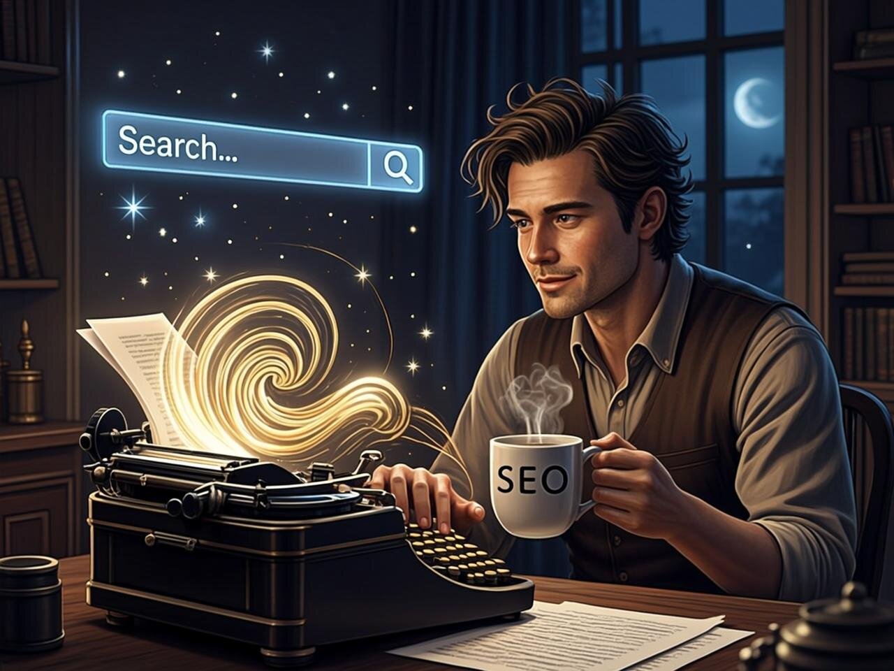 A surreal, artistic illustration of a person sitting at a vintage typewriter, but instead of paper, a sprawling, glowing web of interconnected golden threads flows out, weaving into a complex labyrinth. The person looks both mesmerised and slightly overwhelmed, sipping from a chipped mug that reads 'SEO'. The background is a moody, dimly lit study with floating search bar icons acting as constellations in the night sky outside the window.