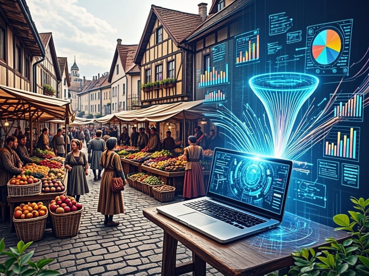 A richly detailed artistic montage blending eras: on the left, a vibrant medieval marketplace scene with merchants calling out from wooden stalls, townsfolk in period clothing browsing wares, and cobblestone streets alive with movement. The scene transitions seamlessly to the right into a modern abstract representation of digital analytics—flowing streams of light forming website traffic patterns, glowing conversion funnels, and data visualisations. In the centre where the two worlds meet, a merchant's wooden stall morphs into a sleek laptop screen, symbolising the centuries-old bridge between physical and digital commerce. The colour palette shifts from warm earthy tones of ochre and terracotta on the medieval side to cool blues and electric whites on the digital side, with golden light threads connecting the two realms.