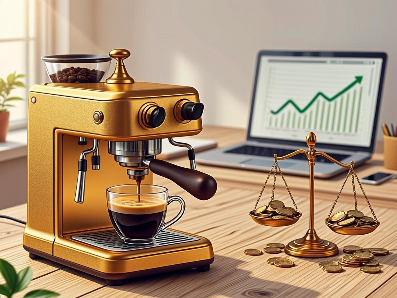 A warm, painterly illustration of a vintage brass coffee machine in a sunlit modern office, with golden coins subtly steaming out of the spout instead of espresso, filling a slowly tipping balance scale beside it. Stylised laptop screens glow faintly in the background showing charts that curve gently upward. The palette is rich amber, cream and soft teal, rendered in a hand-drawn editorial style reminiscent of The New Yorker illustrations, conveying the idea of software quietly generating value over time.